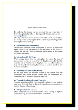 Figure (1): process remote sensing


By studying the diagram we can consider that are seven steps by
follow the aphetically order, so the steps with their explanation are:
A. Energy Source
This step is the main step, because if we want the photo we must have
the energy source (sun), to provide the electromagnetic energy to the
area or phenomena of study.

B. Radiation and the Atmosphere
The energy source (sun) sends the radiation to the area of phenomena
so the radiation will interactive with the atmosphere in this step, so it
takes a few seconds. Then the radiation will reflected to the sensors
also in a few seconds.

C. Interaction with the Target
When energy travel into the atmosphere to reach the area of
phenomena it is make an interactive with the phenomena. For that this
steps depend on the attributes of the phenomena and radiation because
they will be differs from one phenomenon to another, and form one
radiation to another.

D. Recording of Energy by the Sensor
In this step when the radiation comes to the sensor from the
phenomena, the sensor without contact with the phenomena will
collect and record the electromagnetic radiation.

E. Transmission, Reception, and Processing
After the sensors record the electromagnetic radiation it must send the
data in an electronic form to the receiving and processing stations to
transfer the data to be an image.

F. Interpretation and Analysis
There are three types to interpretation the image visually or digitally
or electronically, to know more about the phenomena.



                                                                       5
 
