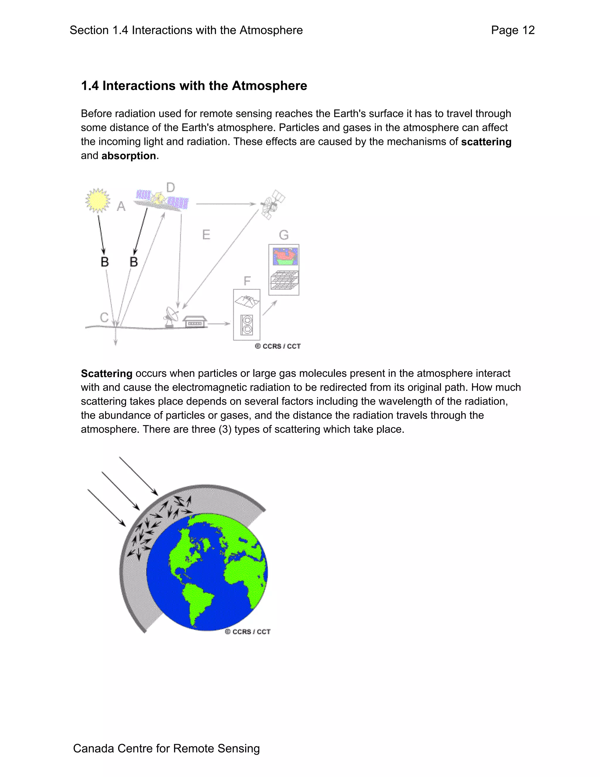 Section 1.4 Interactions with the Atmosphere                                              Page 12



  1.4 Interactions with the Atmosphere

  Before radiation used for remote sensing reaches the Earth's surface it has to travel through
  some distance of the Earth's atmosphere. Particles and gases in the atmosphere can affect
  the incoming light and radiation. These effects are caused by the mechanisms of scattering
  and absorption.




  Scattering occurs when particles or large gas molecules present in the atmosphere interact
  with and cause the electromagnetic radiation to be redirected from its original path. How much
  scattering takes place depends on several factors including the wavelength of the radiation,
  the abundance of particles or gases, and the distance the radiation travels through the
  atmosphere. There are three (3) types of scattering which take place.




Canada Centre for Remote Sensing
 