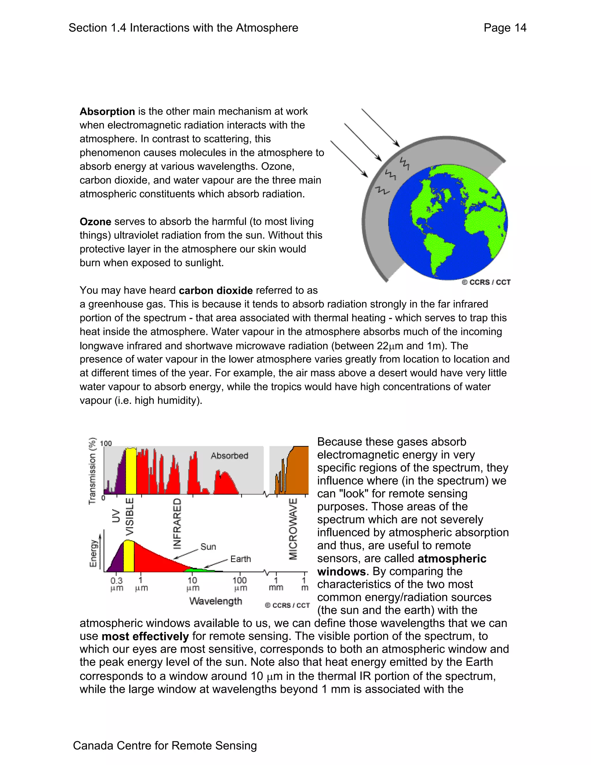 Section 1.4 Interactions with the Atmosphere                                               Page 14




  Absorption is the other main mechanism at work
  when electromagnetic radiation interacts with the
  atmosphere. In contrast to scattering, this
  phenomenon causes molecules in the atmosphere to
  absorb energy at various wavelengths. Ozone,
  carbon dioxide, and water vapour are the three main
  atmospheric constituents which absorb radiation.

  Ozone serves to absorb the harmful (to most living
  things) ultraviolet radiation from the sun. Without this
  protective layer in the atmosphere our skin would
  burn when exposed to sunlight.

  You may have heard carbon dioxide referred to as
  a greenhouse gas. This is because it tends to absorb radiation strongly in the far infrared
  portion of the spectrum - that area associated with thermal heating - which serves to trap this
  heat inside the atmosphere. Water vapour in the atmosphere absorbs much of the incoming
  longwave infrared and shortwave microwave radiation (between 22µm and 1m). The
  presence of water vapour in the lower atmosphere varies greatly from location to location and
  at different times of the year. For example, the air mass above a desert would have very little
  water vapour to absorb energy, while the tropics would have high concentrations of water
  vapour (i.e. high humidity).


                                                 Because these gases absorb
                                                 electromagnetic energy in very
                                                 specific regions of the spectrum, they
                                                 influence where (in the spectrum) we
                                                 can "look" for remote sensing
                                                 purposes. Those areas of the
                                                 spectrum which are not severely
                                                 influenced by atmospheric absorption
                                                 and thus, are useful to remote
                                                 sensors, are called atmospheric
                                                 windows. By comparing the
                                                 characteristics of the two most
                                                 common energy/radiation sources
                                                 (the sun and the earth) with the
  atmospheric windows available to us, we can define those wavelengths that we can
  use most effectively for remote sensing. The visible portion of the spectrum, to
  which our eyes are most sensitive, corresponds to both an atmospheric window and
  the peak energy level of the sun. Note also that heat energy emitted by the Earth
  corresponds to a window around 10 µm in the thermal IR portion of the spectrum,
  while the large window at wavelengths beyond 1 mm is associated with the



Canada Centre for Remote Sensing
 