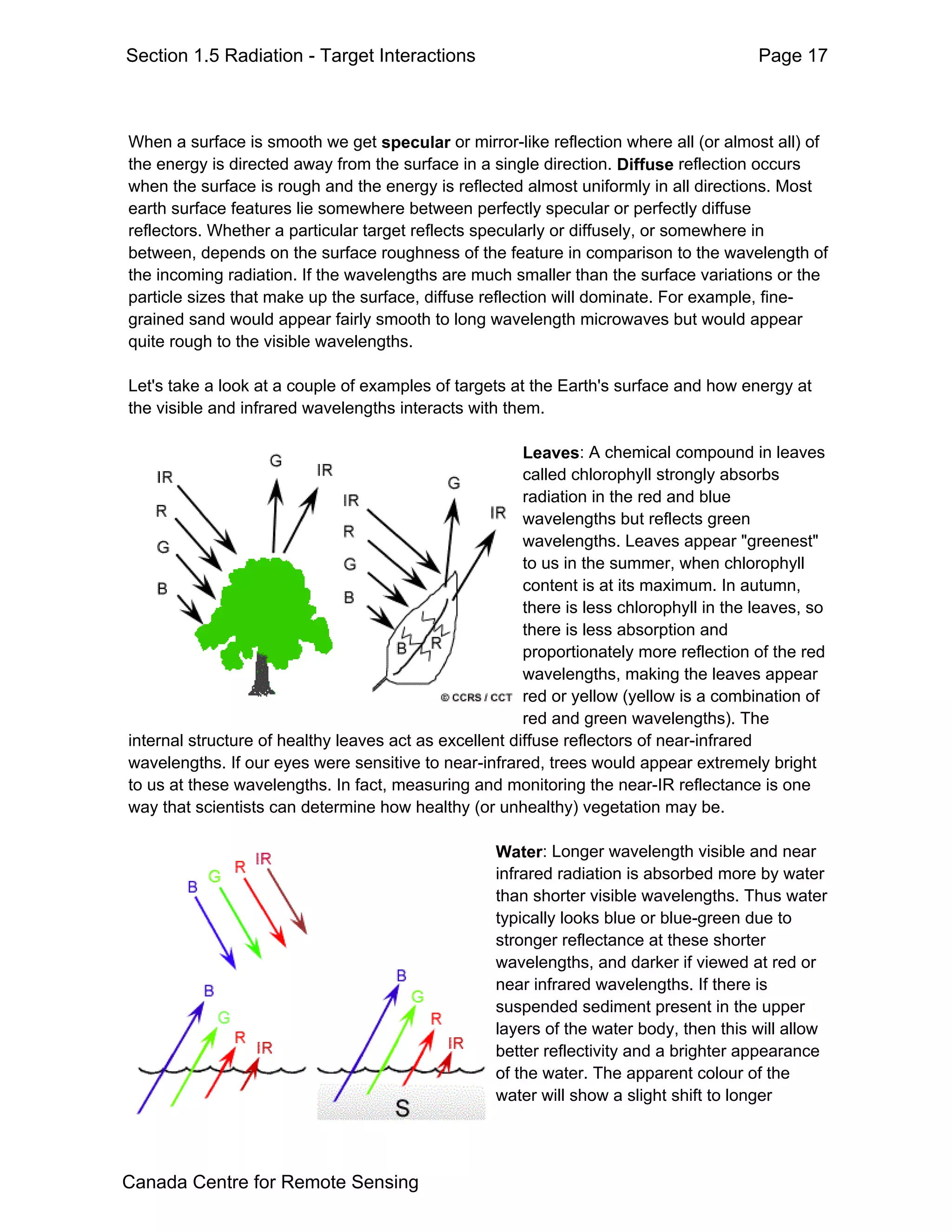 Section 1.5 Radiation - Target Interactions                                              Page 17



When a surface is smooth we get specular or mirror-like reflection where all (or almost all) of
the energy is directed away from the surface in a single direction. Diffuse reflection occurs
when the surface is rough and the energy is reflected almost uniformly in all directions. Most
earth surface features lie somewhere between perfectly specular or perfectly diffuse
reflectors. Whether a particular target reflects specularly or diffusely, or somewhere in
between, depends on the surface roughness of the feature in comparison to the wavelength of
the incoming radiation. If the wavelengths are much smaller than the surface variations or the
particle sizes that make up the surface, diffuse reflection will dominate. For example, fine-
grained sand would appear fairly smooth to long wavelength microwaves but would appear
quite rough to the visible wavelengths.

Let's take a look at a couple of examples of targets at the Earth's surface and how energy at
the visible and infrared wavelengths interacts with them.

                                                        Leaves: A chemical compound in leaves
                                                        called chlorophyll strongly absorbs
                                                        radiation in the red and blue
                                                        wavelengths but reflects green
                                                        wavelengths. Leaves appear "greenest"
                                                        to us in the summer, when chlorophyll
                                                        content is at its maximum. In autumn,
                                                        there is less chlorophyll in the leaves, so
                                                        there is less absorption and
                                                        proportionately more reflection of the red
                                                        wavelengths, making the leaves appear
                                                        red or yellow (yellow is a combination of
                                                        red and green wavelengths). The
internal structure of healthy leaves act as excellent diffuse reflectors of near-infrared
wavelengths. If our eyes were sensitive to near-infrared, trees would appear extremely bright
to us at these wavelengths. In fact, measuring and monitoring the near-IR reflectance is one
way that scientists can determine how healthy (or unhealthy) vegetation may be.

                                                    Water: Longer wavelength visible and near
                                                    infrared radiation is absorbed more by water
                                                    than shorter visible wavelengths. Thus water
                                                    typically looks blue or blue-green due to
                                                    stronger reflectance at these shorter
                                                    wavelengths, and darker if viewed at red or
                                                    near infrared wavelengths. If there is
                                                    suspended sediment present in the upper
                                                    layers of the water body, then this will allow
                                                    better reflectivity and a brighter appearance
                                                    of the water. The apparent colour of the
                                                    water will show a slight shift to longer




Canada Centre for Remote Sensing
 