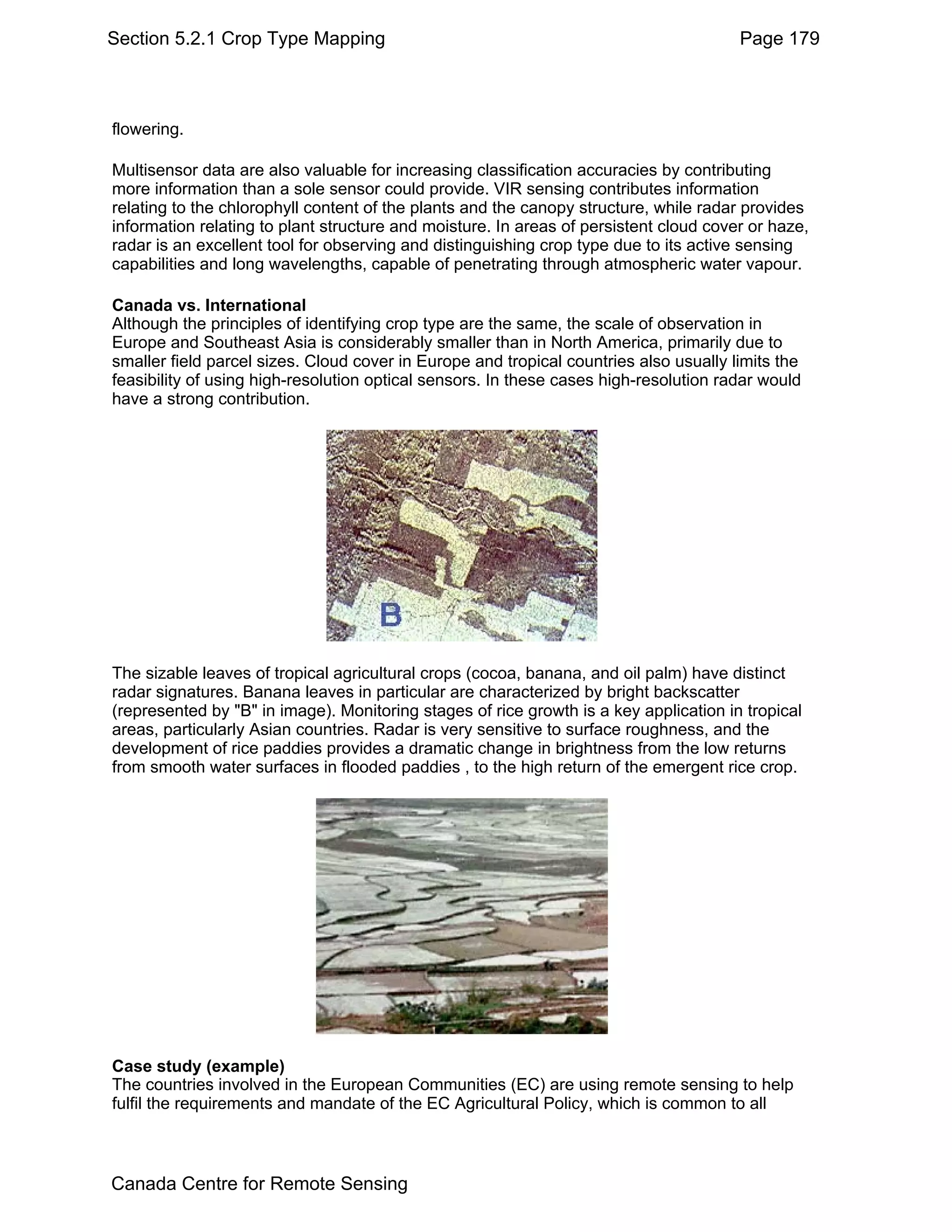 Section 5.2.1 Crop Type Mapping                                                        Page 179



flowering.

Multisensor data are also valuable for increasing classification accuracies by contributing
more information than a sole sensor could provide. VIR sensing contributes information
relating to the chlorophyll content of the plants and the canopy structure, while radar provides
information relating to plant structure and moisture. In areas of persistent cloud cover or haze,
radar is an excellent tool for observing and distinguishing crop type due to its active sensing
capabilities and long wavelengths, capable of penetrating through atmospheric water vapour.

Canada vs. International
Although the principles of identifying crop type are the same, the scale of observation in
Europe and Southeast Asia is considerably smaller than in North America, primarily due to
smaller field parcel sizes. Cloud cover in Europe and tropical countries also usually limits the
feasibility of using high-resolution optical sensors. In these cases high-resolution radar would
have a strong contribution.




The sizable leaves of tropical agricultural crops (cocoa, banana, and oil palm) have distinct
radar signatures. Banana leaves in particular are characterized by bright backscatter
(represented by "B" in image). Monitoring stages of rice growth is a key application in tropical
areas, particularly Asian countries. Radar is very sensitive to surface roughness, and the
development of rice paddies provides a dramatic change in brightness from the low returns
from smooth water surfaces in flooded paddies , to the high return of the emergent rice crop.




Case study (example)
The countries involved in the European Communities (EC) are using remote sensing to help
fulfil the requirements and mandate of the EC Agricultural Policy, which is common to all



Canada Centre for Remote Sensing
 