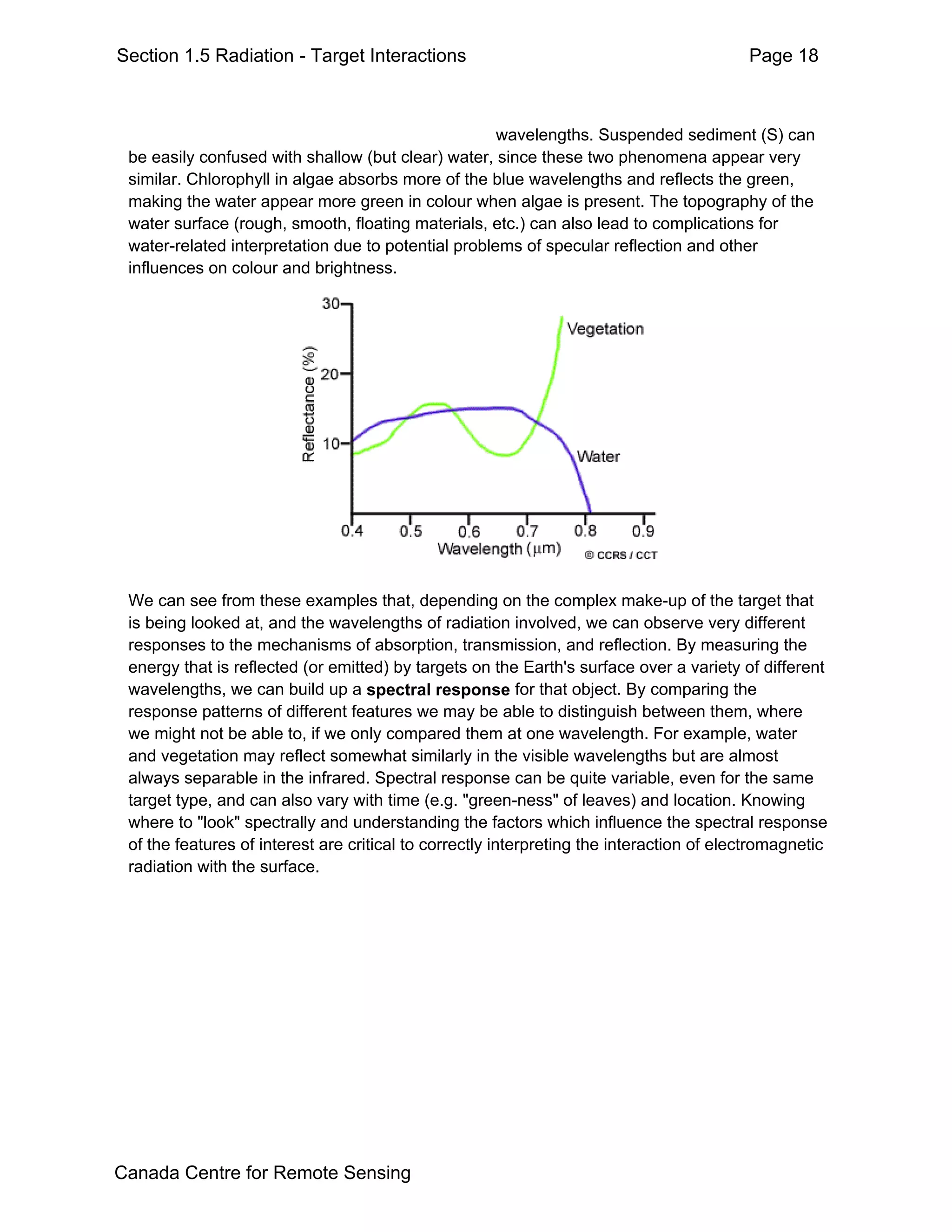 Section 1.5 Radiation - Target Interactions                                               Page 18



                                                     wavelengths. Suspended sediment (S) can
 be easily confused with shallow (but clear) water, since these two phenomena appear very
 similar. Chlorophyll in algae absorbs more of the blue wavelengths and reflects the green,
 making the water appear more green in colour when algae is present. The topography of the
 water surface (rough, smooth, floating materials, etc.) can also lead to complications for
 water-related interpretation due to potential problems of specular reflection and other
 influences on colour and brightness.




 We can see from these examples that, depending on the complex make-up of the target that
 is being looked at, and the wavelengths of radiation involved, we can observe very different
 responses to the mechanisms of absorption, transmission, and reflection. By measuring the
 energy that is reflected (or emitted) by targets on the Earth's surface over a variety of different
 wavelengths, we can build up a spectral response for that object. By comparing the
 response patterns of different features we may be able to distinguish between them, where
 we might not be able to, if we only compared them at one wavelength. For example, water
 and vegetation may reflect somewhat similarly in the visible wavelengths but are almost
 always separable in the infrared. Spectral response can be quite variable, even for the same
 target type, and can also vary with time (e.g. "green-ness" of leaves) and location. Knowing
 where to "look" spectrally and understanding the factors which influence the spectral response
 of the features of interest are critical to correctly interpreting the interaction of electromagnetic
 radiation with the surface.




Canada Centre for Remote Sensing
 