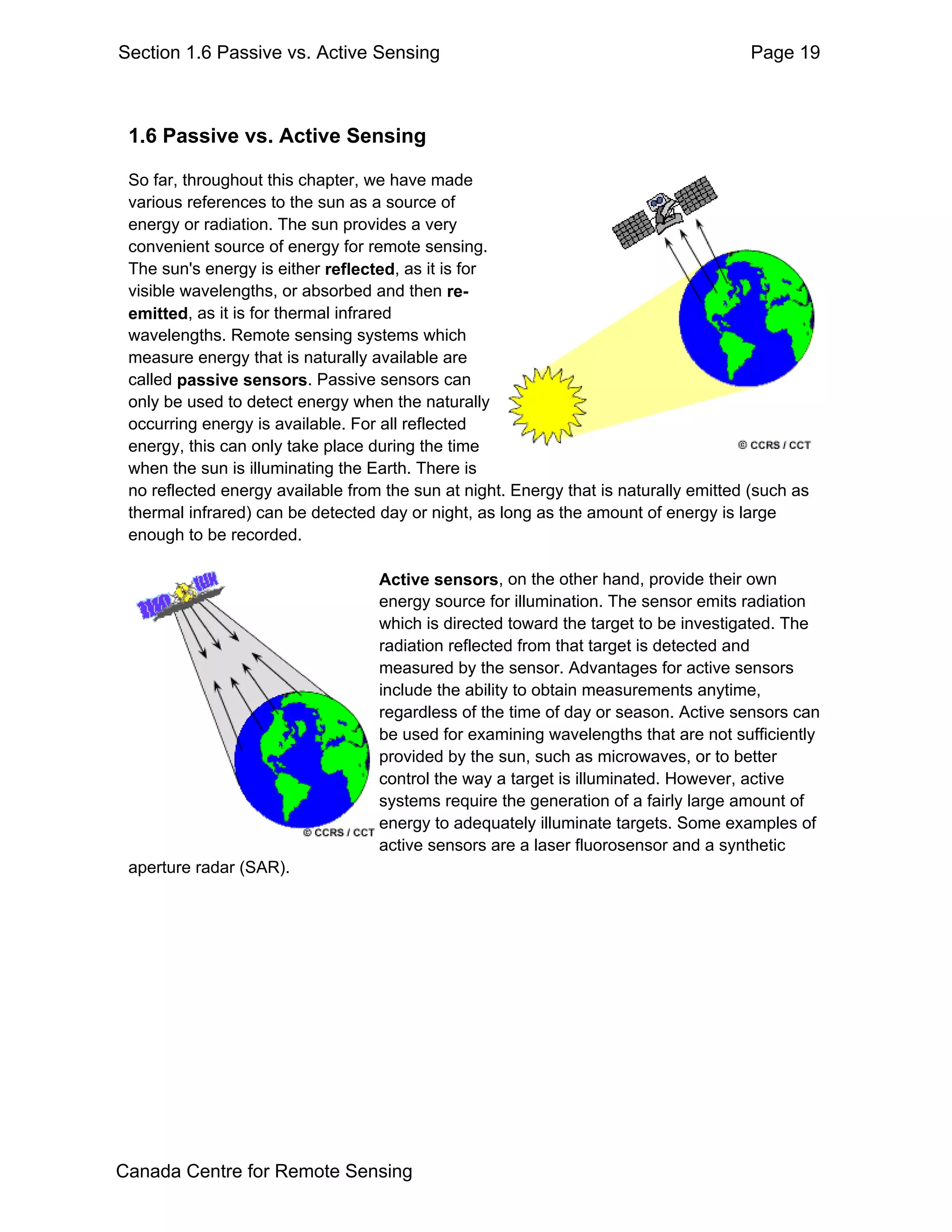 Section 1.6 Passive vs. Active Sensing                                                Page 19



 1.6 Passive vs. Active Sensing

 So far, throughout this chapter, we have made
 various references to the sun as a source of
 energy or radiation. The sun provides a very
 convenient source of energy for remote sensing.
 The sun's energy is either reflected, as it is for
 visible wavelengths, or absorbed and then re-
 emitted, as it is for thermal infrared
 wavelengths. Remote sensing systems which
 measure energy that is naturally available are
 called passive sensors. Passive sensors can
 only be used to detect energy when the naturally
 occurring energy is available. For all reflected
 energy, this can only take place during the time
 when the sun is illuminating the Earth. There is
 no reflected energy available from the sun at night. Energy that is naturally emitted (such as
 thermal infrared) can be detected day or night, as long as the amount of energy is large
 enough to be recorded.

                                   Active sensors, on the other hand, provide their own
                                   energy source for illumination. The sensor emits radiation
                                   which is directed toward the target to be investigated. The
                                   radiation reflected from that target is detected and
                                   measured by the sensor. Advantages for active sensors
                                   include the ability to obtain measurements anytime,
                                   regardless of the time of day or season. Active sensors can
                                   be used for examining wavelengths that are not sufficiently
                                   provided by the sun, such as microwaves, or to better
                                   control the way a target is illuminated. However, active
                                   systems require the generation of a fairly large amount of
                                   energy to adequately illuminate targets. Some examples of
                                   active sensors are a laser fluorosensor and a synthetic
 aperture radar (SAR).




Canada Centre for Remote Sensing
 