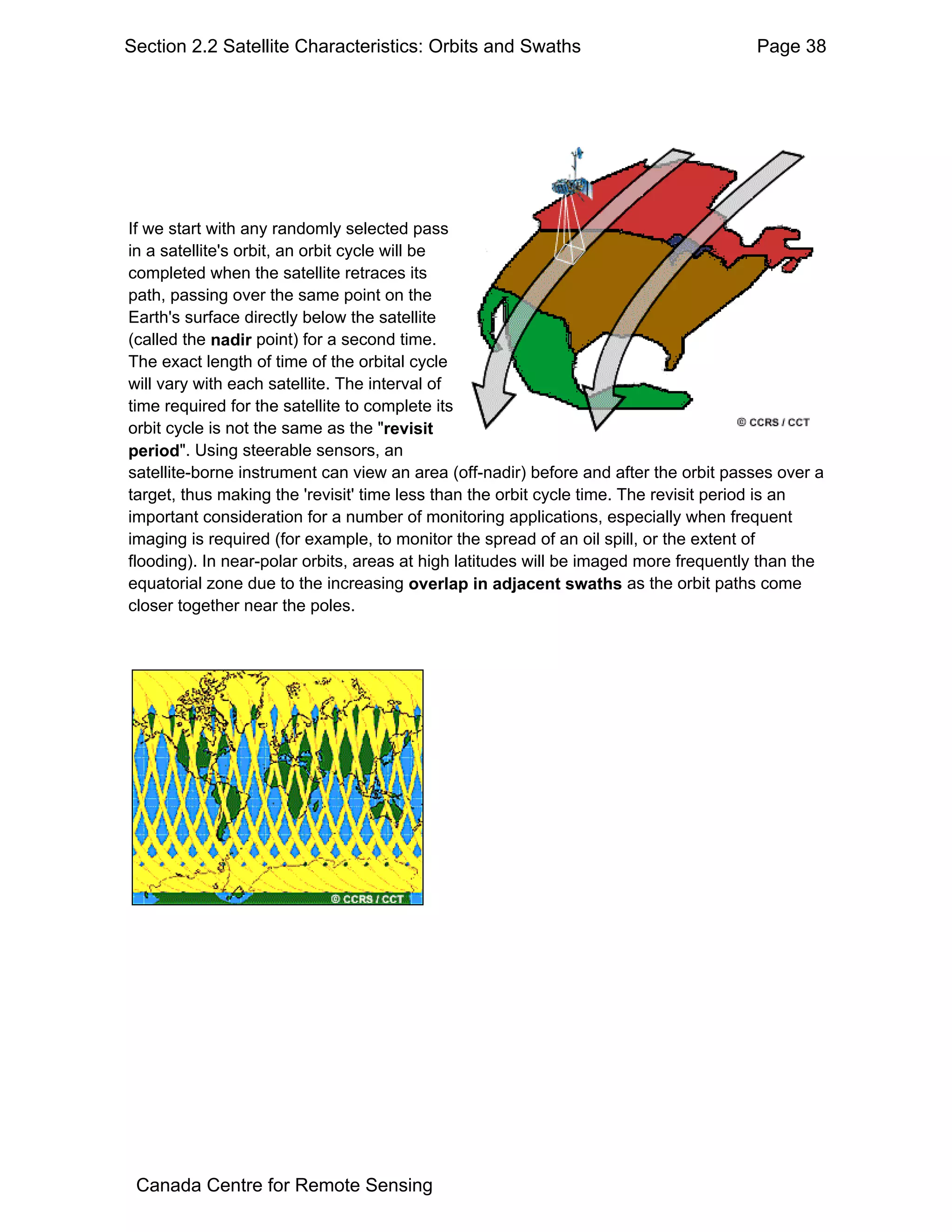 Section 2.2 Satellite Characteristics: Orbits and Swaths                              Page 38




If we start with any randomly selected pass
in a satellite's orbit, an orbit cycle will be
completed when the satellite retraces its
path, passing over the same point on the
Earth's surface directly below the satellite
(called the nadir point) for a second time.
The exact length of time of the orbital cycle
will vary with each satellite. The interval of
time required for the satellite to complete its
orbit cycle is not the same as the "revisit
period". Using steerable sensors, an
satellite-borne instrument can view an area (off-nadir) before and after the orbit passes over a
target, thus making the 'revisit' time less than the orbit cycle time. The revisit period is an
important consideration for a number of monitoring applications, especially when frequent
imaging is required (for example, to monitor the spread of an oil spill, or the extent of
flooding). In near-polar orbits, areas at high latitudes will be imaged more frequently than the
equatorial zone due to the increasing overlap in adjacent swaths as the orbit paths come
closer together near the poles.




 Canada Centre for Remote Sensing
 