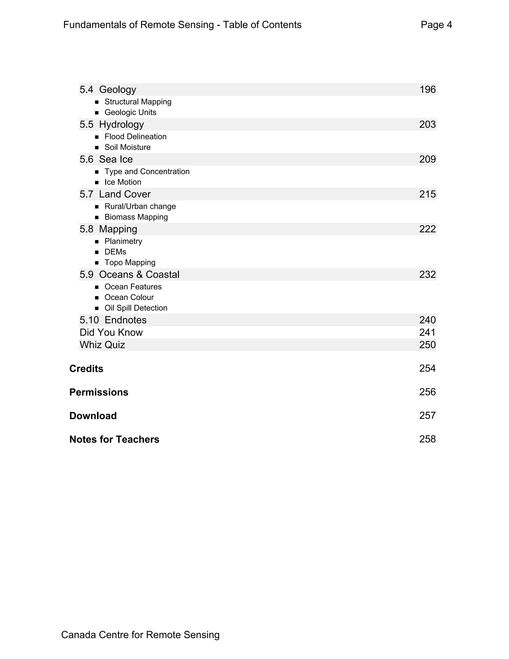 Fundamentals of Remote Sensing - Table of Contents   Page 4




   5.4 Geology                                       196
           Structural Mapping
           Geologic Units
   5.5 Hydrology                                     203
           Flood Delineation
           Soil Moisture
   5.6 Sea Ice                                       209
           Type and Concentration
           Ice Motion
   5.7 Land Cover                                    215
           Rural/Urban change
           Biomass Mapping
   5.8 Mapping                                       222
           Planimetry
           DEMs
           Topo Mapping
   5.9 Oceans & Coastal                              232
           Ocean Features
           Ocean Colour
           Oil Spill Detection
   5.10 Endnotes                                     240
   Did You Know                                      241
   Whiz Quiz                                         250

 Credits                                             254

 Permissions                                         256

 Download                                            257

 Notes for Teachers                                  258




Canada Centre for Remote Sensing
 
