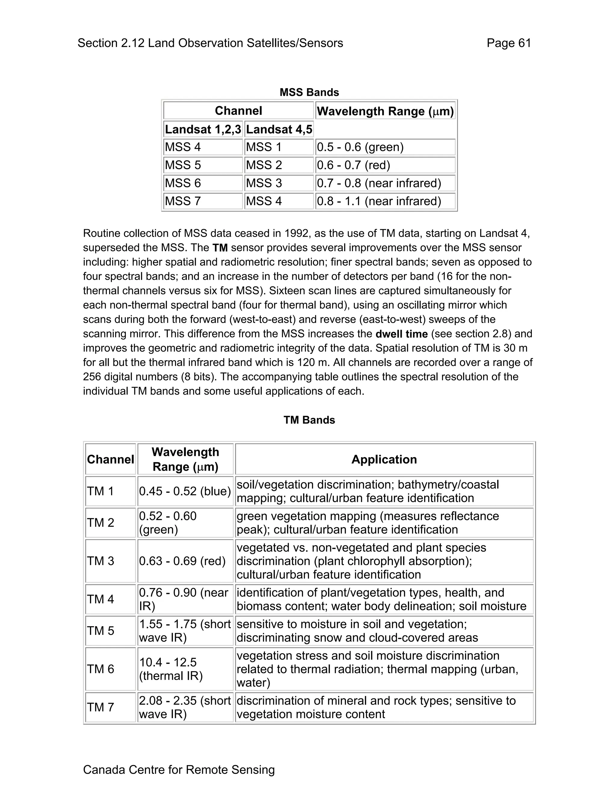 Section 2.12 Land Observation Satellites/Sensors                                     Page 61



                                         MSS Bands
                           Channel               Wavelength Range (µm)
                 Landsat 1,2,3    Landsat 4,5
                 MSS 4            MSS 1          0.5 - 0.6 (green)
                 MSS 5            MSS 2          0.6 - 0.7 (red)
                 MSS 6            MSS 3          0.7 - 0.8 (near infrared)
                 MSS 7            MSS 4          0.8 - 1.1 (near infrared)

Routine collection of MSS data ceased in 1992, as the use of TM data, starting on Landsat 4,
superseded the MSS. The TM sensor provides several improvements over the MSS sensor
including: higher spatial and radiometric resolution; finer spectral bands; seven as opposed to
four spectral bands; and an increase in the number of detectors per band (16 for the non-
thermal channels versus six for MSS). Sixteen scan lines are captured simultaneously for
each non-thermal spectral band (four for thermal band), using an oscillating mirror which
scans during both the forward (west-to-east) and reverse (east-to-west) sweeps of the
scanning mirror. This difference from the MSS increases the dwell time (see section 2.8) and
improves the geometric and radiometric integrity of the data. Spatial resolution of TM is 30 m
for all but the thermal infrared band which is 120 m. All channels are recorded over a range of
256 digital numbers (8 bits). The accompanying table outlines the spectral resolution of the
individual TM bands and some useful applications of each.

                                          TM Bands

              Wavelength
 Channel                                                Application
              Range (µm)
                                soil/vegetation discrimination; bathymetry/coastal
 TM 1      0.45 - 0.52 (blue)
                                mapping; cultural/urban feature identification
           0.52 - 0.60          green vegetation mapping (measures reflectance
 TM 2
           (green)              peak); cultural/urban feature identification
                                vegetated vs. non-vegetated and plant species
 TM 3      0.63 - 0.69 (red)    discrimination (plant chlorophyll absorption);
                                cultural/urban feature identification
           0.76 - 0.90 (near    identification of plant/vegetation types, health, and
 TM 4
           IR)                  biomass content; water body delineation; soil moisture
           1.55 - 1.75 (short   sensitive to moisture in soil and vegetation;
 TM 5
           wave IR)             discriminating snow and cloud-covered areas
                                vegetation stress and soil moisture discrimination
           10.4 - 12.5
 TM 6                           related to thermal radiation; thermal mapping (urban,
           (thermal IR)
                                water)
           2.08 - 2.35 (short   discrimination of mineral and rock types; sensitive to
 TM 7
           wave IR)             vegetation moisture content



Canada Centre for Remote Sensing
 
