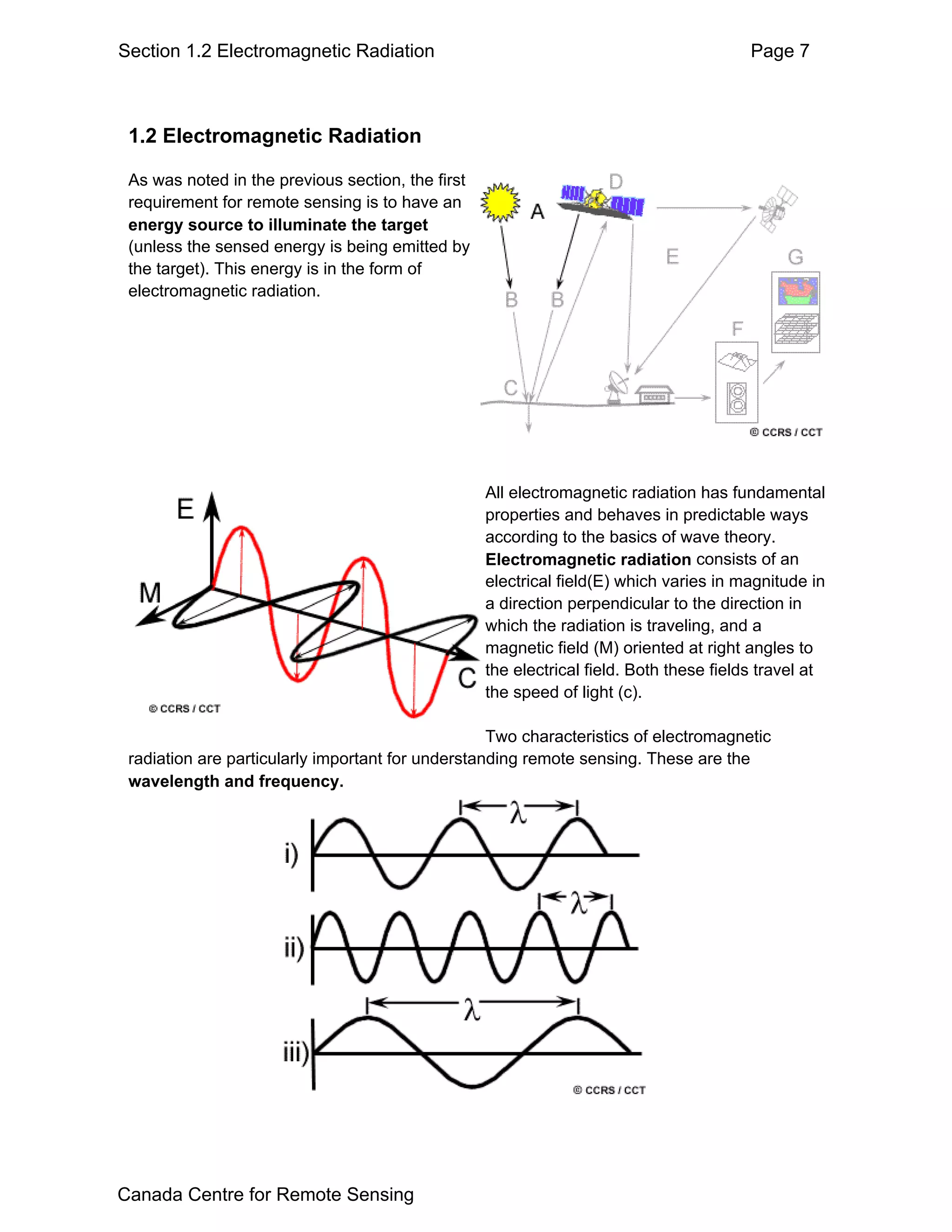 Section 1.2 Electromagnetic Radiation                                                    Page 7



 1.2 Electromagnetic Radiation

 As was noted in the previous section, the first
 requirement for remote sensing is to have an
 energy source to illuminate the target
 (unless the sensed energy is being emitted by
 the target). This energy is in the form of
 electromagnetic radiation.




                                                   All electromagnetic radiation has fundamental
                                                   properties and behaves in predictable ways
                                                   according to the basics of wave theory.
                                                   Electromagnetic radiation consists of an
                                                   electrical field(E) which varies in magnitude in
                                                   a direction perpendicular to the direction in
                                                   which the radiation is traveling, and a
                                                   magnetic field (M) oriented at right angles to
                                                   the electrical field. Both these fields travel at
                                                   the speed of light (c).

                                                   Two characteristics of electromagnetic
 radiation are particularly important for understanding remote sensing. These are the
 wavelength and frequency.




Canada Centre for Remote Sensing
 