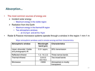 Absorption…
• The most common sources of energy are
 Incident solar energy
– Maximum energy in the visible region
 Radiation from the Earth
• Maximum energy in the thermal IR region
• Two atmospheric windows
– at 3 to 5μm and at 8 to 14μm
• Radar & Passive microwave systems operate through a window in the region 1 mm-1 m
17
Major atmospheric windows used in remote sensing and their characteristics
Atmospheric window Wavelength
band (μm)
Characteristics
Upper ultraviolet, Visible
and photographic IR
0.3-1 apprx. 95% transmission
Reflected infrared 1.3, 1.6, 2.2 Three narrow bands
Thermal infrared 3.0-5.0
8.0-14.0
Two broad bands
Microwave >5000 Atmosphere is mostly
transparent
 