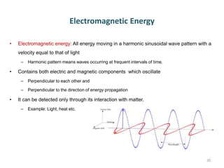 Electromagnetic Energy
• Electromagnetic energy: All energy moving in a harmonic sinusoidal wave pattern with a
velocity equal to that of light
– Harmonic pattern means waves occurring at frequent intervals of time.
• Contains both electric and magnetic components which oscillate
– Perpendicular to each other and
– Perpendicular to the direction of energy propagation
• It can be detected only through its interaction with matter.
– Example: Light, heat etc.
20
 