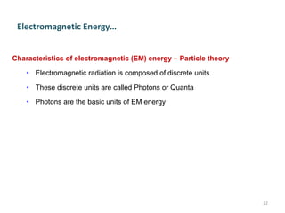 Electromagnetic Energy…
Characteristics of electromagnetic (EM) energy – Particle theory
• Electromagnetic radiation is composed of discrete units
• These discrete units are called Photons or Quanta
• Photons are the basic units of EM energy
22
 
