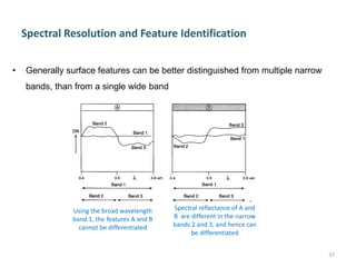 Spectral Resolution and Feature Identification
• Generally surface features can be better distinguished from multiple narrow
bands, than from a single wide band
37
Using the broad wavelength
band 1, the features A and B
cannot be differentiated
Spectral reflectance of A and
B are different in the narrow
bands 2 and 3, and hence can
be differentiated
 