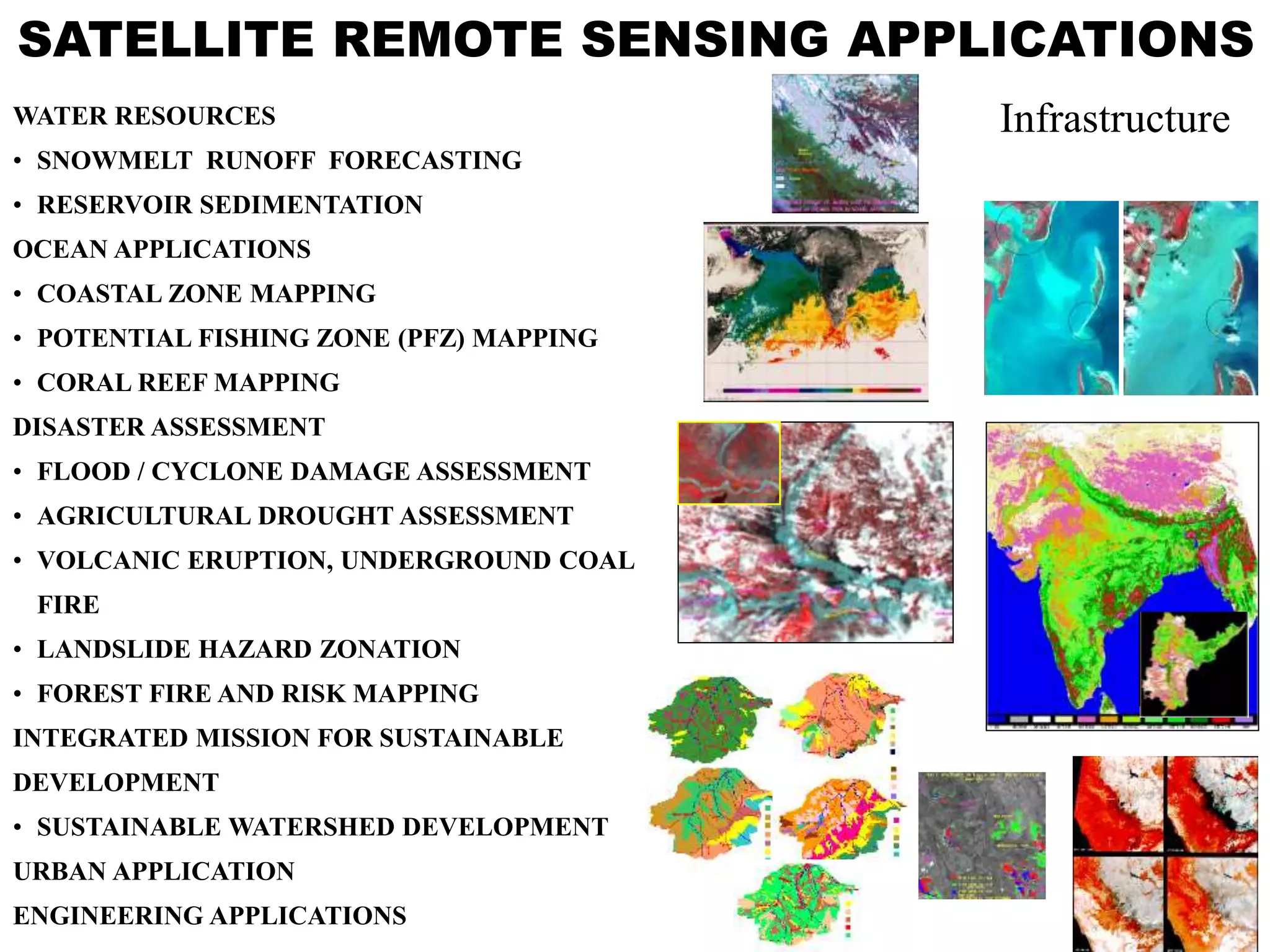 SATELLITE REMOTE SENSING APPLICATIONS
WATER RESOURCES
• SNOWMELT RUNOFF FORECASTING
• RESERVOIR SEDIMENTATION
OCEAN APPLICATIONS
• COASTAL ZONE MAPPING
• POTENTIAL FISHING ZONE (PFZ) MAPPING
• CORAL REEF MAPPING
DISASTER ASSESSMENT
• FLOOD / CYCLONE DAMAGE ASSESSMENT
• AGRICULTURAL DROUGHT ASSESSMENT
• VOLCANIC ERUPTION, UNDERGROUND COAL
FIRE
• LANDSLIDE HAZARD ZONATION
• FOREST FIRE AND RISK MAPPING
INTEGRATED MISSION FOR SUSTAINABLE
DEVELOPMENT
• SUSTAINABLE WATERSHED DEVELOPMENT
URBAN APPLICATION
ENGINEERING APPLICATIONS
Infrastructure
 