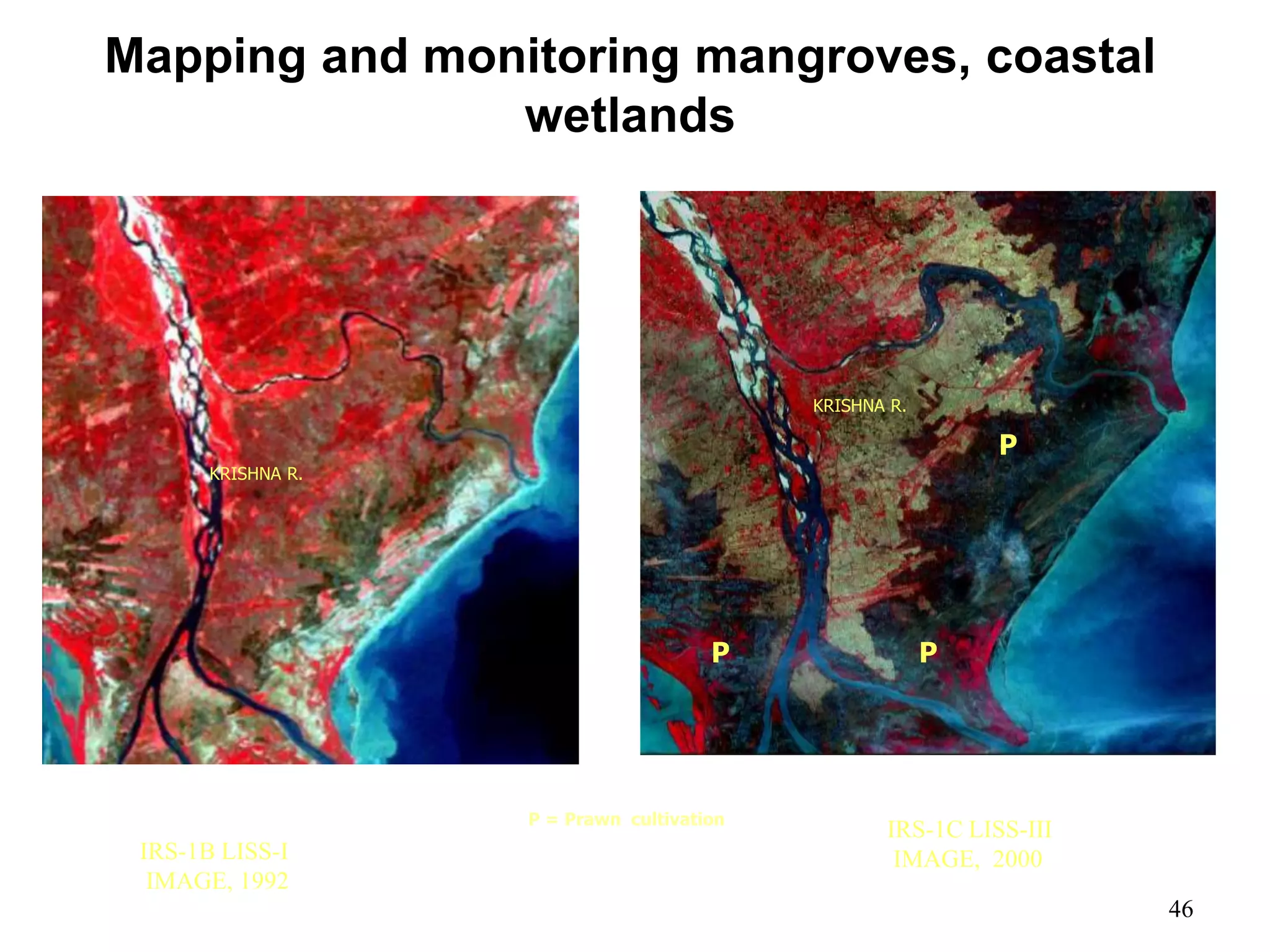 46
Mapping and monitoring mangroves, coastal
wetlands
PP
P
KRISHNA R.
IRS-1B LISS-I
IMAGE, 1992
KRISHNA R.
P = Prawn cultivation
IRS-1C LISS-III
IMAGE, 2000
 