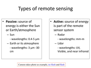 Types of remote sensing
• Passive: source of
energy is either the Sun
or Earth/atmosphere
– Sun
- wavelengths: 0.4-5 µm
– Earth or its atmosphere
- wavelengths: 3 µm -30
cm
• Active: source of energy
is part of the remote
sensor system
– Radar
- wavelengths: mm-m
– Lidar
- wavelengths: UV,
Visible, and near infrared
Camera takes photo as example, no flash and flash
 