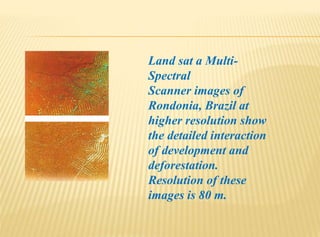 Land sat a Multi-
Spectral
Scanner images of
Rondonia, Brazil at
higher resolution show
the detailed interaction
of development and
deforestation.
Resolution of these
images is 80 m.
 