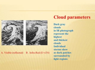 Cloud parameters
Dark gray
clouds
in IR photograph
represent the
highest
and thickest
clouds
Individual
storms show
as dark patches
surrounded by
light regions
A. Visible (reflected) B . Infra-Red (E=sT4)
 