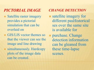 PICTORIAL IMAGE CHANGE DETECTION
 Satellite raster imagery
provides a pictorial
simulation that can be
overlaid on
 GIS/LIS vector themes so
that the viewer can see the
image and line drawing
 simultaneously. Hardcopy
plots of the image data
can be created.
 satellite imagery for
different pasHistorical
ses over the same site
is available for
 purchase. Change
detection information
can be gleaned from
these time-lapse
scenes.
 