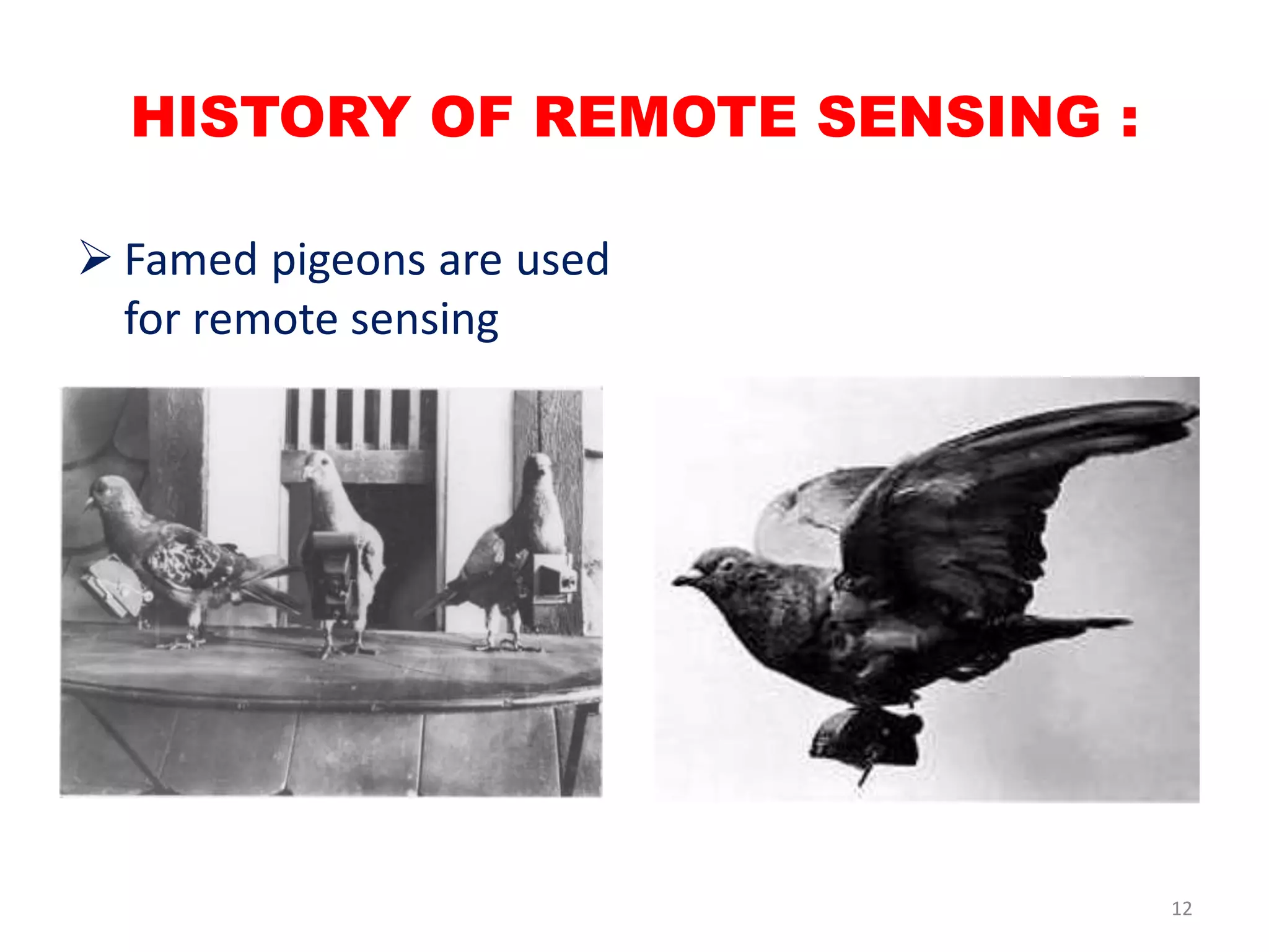 HISTORY OF REMOTE SENSING :
 Famed pigeons are used
for remote sensing
12
 