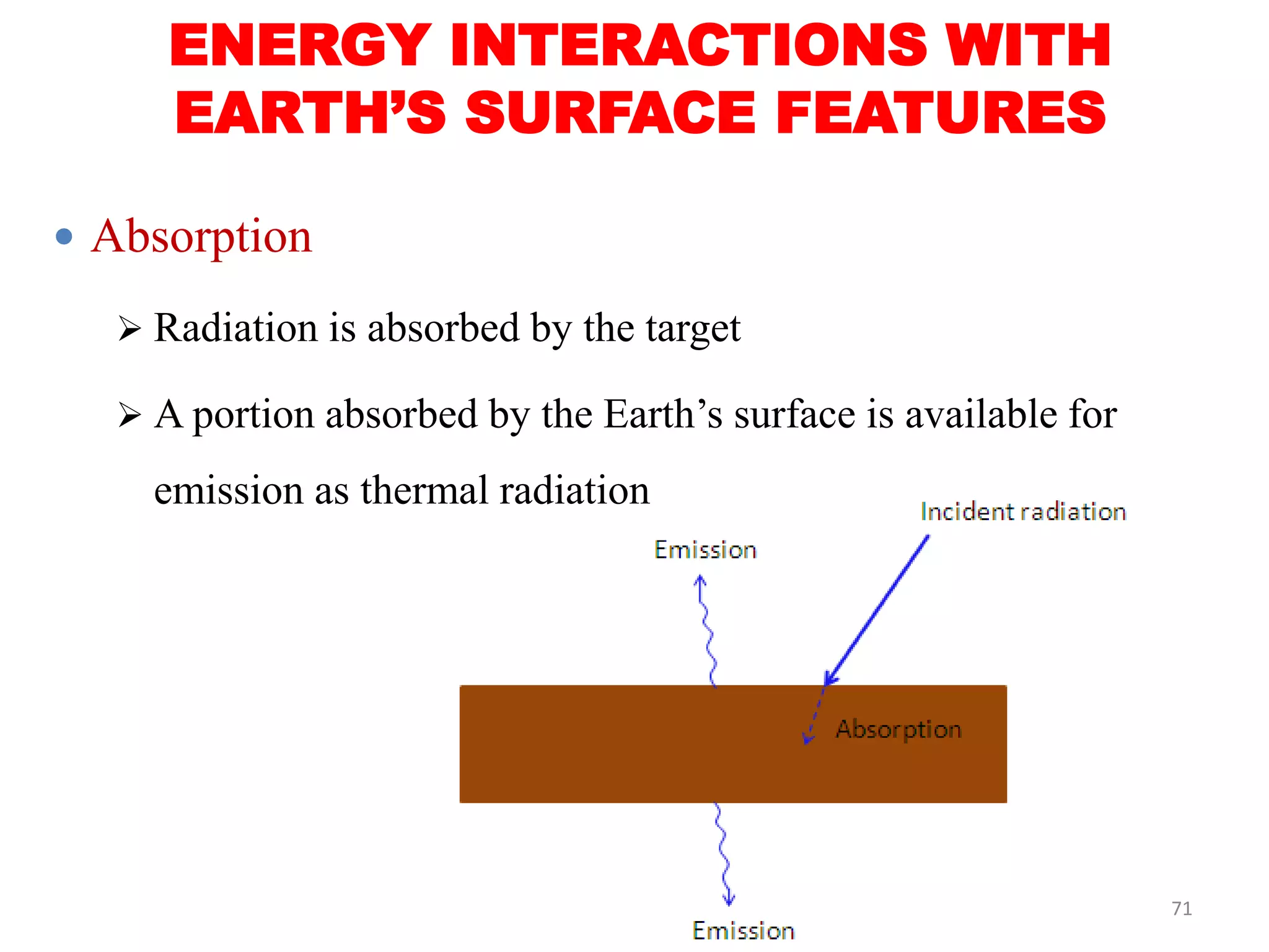  Absorption
 Radiation is absorbed by the target
 A portion absorbed by the Earth’s surface is available for
emission as thermal radiation
ENERGY INTERACTIONS WITH
EARTH’S SURFACE FEATURES
71
 