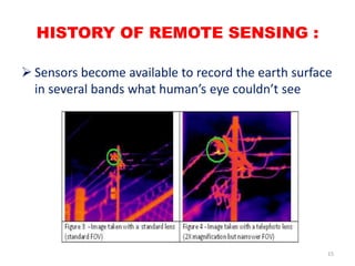 HISTORY OF REMOTE SENSING :
 Sensors become available to record the earth surface
in several bands what human’s eye could...