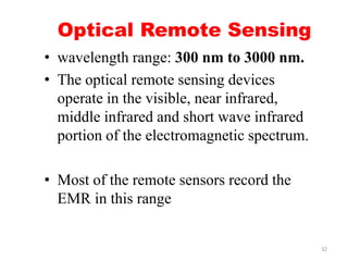 Optical Remote Sensing
• wavelength range: 300 nm to 3000 nm.
• The optical remote sensing devices
operate in the visible,...
