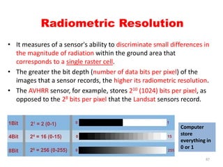 Radiometric Resolution
• It measures of a sensor's ability to discriminate small differences in
the magnitude of radiation...