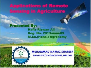 Applications of Remote
Sensing in Agriculture
Presented By:
Hafiz Rizwan Ali
Reg. No. 2013-uam-89
M.Sc.(Hons.) Agronomy
 