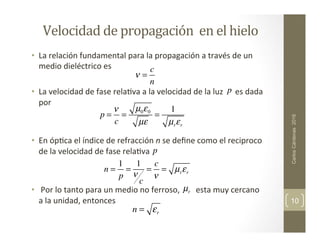 Velocidad	
  de	
  propagación	
  	
  en	
  el	
  hielo	
  
•  La	
  relación	
  fundamental	
  para	
  la	
  propagación	
  a	
  través	
  de	
  un	
  
medio	
  dieléctrico	
  es	
  
•  La	
  velocidad	
  de	
  fase	
  rela,va	
  a	
  la	
  velocidad	
  de	
  la	
  luz	
  	
  	
  	
  	
  	
  es	
  dada	
  
por	
  	
  
	
  
	
  
•  En	
  óp,ca	
  el	
  índice	
  de	
  refracción	
  n	
  se	
  deﬁne	
  como	
  el	
  reciproco	
  
de	
  la	
  velocidad	
  de	
  fase	
  rela,va	
  
	
  
•  	
  Por	
  lo	
  tanto	
  para	
  un	
  medio	
  no	
  ferroso,	
  	
  	
  	
  	
  	
  	
  	
  esta	
  muy	
  cercano	
  
a	
  la	
  unidad,	
  entonces	
  
Carlos
Cárdenas
2016
10
ν =
c
n
p
p =
ν
c
=
µ0ε0
µε
=
1
µrεr
n =
1
p
=
1
ν
c
=
c
ν
= µrεr
µr
n = εr
p
 