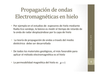 Propagación	
  de	
  ondas	
  
Electromagnéticas	
  en	
  hielo	
  	
  	
  
•  Por	
  ejemplo	
  en	
  el	
  estudios	
  de	
  	
  espesores	
  de	
  hielo	
  mediante	
  
Radio	
  Eco	
  sondaje,	
  lo	
  básico	
  es	
  medir	
  el	
  ,empo	
  de	
  retardo	
  de	
  
la	
  onda	
  de	
  radar	
  desplazándose	
  por	
  la	
  capa	
  de	
  hielo	
  
•  	
  La	
  teoría	
  de	
  propagación	
  de	
  ondas	
  a	
  través	
  del	
  medio	
  
dieléctrico	
  	
  debe	
  ser	
  desarrollada	
  
•  De	
  todos	
  los	
  materiales	
  geológicos,	
  el	
  más	
  favorable	
  para	
  
aplicar	
  el	
  método	
  electromagné,co	
  es	
  el	
  hielo	
  
	
  
•  La	
  permeabilidad	
  magné,ca	
  del	
  hielo	
  es	
  
Carlos
Cárdenas
2016
8
µ =1
 