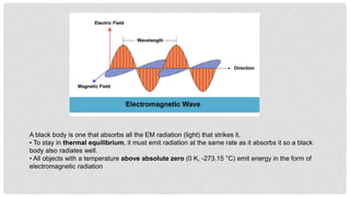 A black body is one that absorbs all the EM radiation (light) that strikes it.
• To stay in thermal equilibrium, it must emit radiation at the same rate as it absorbs it so a black
body also radiates well.
• All objects with a temperature above absolute zero (0 K, -273.15 °C) emit energy in the form of
electromagnetic radiation
 