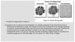 Though the image shown in Figure 8
(a) appears to be a continuous tone photograph, it is actually composed of two-dimensional array of
discrete picture elements or pixels. The intensity of each pixel corresponds to the average brightness
or radiance, measured electronically over the ground area corresponding to each pixel. Whereas the
individual pixels are virtually impossible to discern in (a), they are readily observable in the
enlargements shown in (b) and (c). Typically, the DNs constituting a digital image are recorded over
numerical ranges as 0 to 255 (8-bit data), 0 to 511 (9-bit), 0 to 1023 (10-bit) or higher.
 