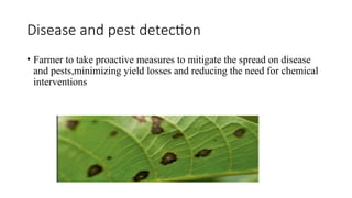 Disease and pest detection
• Farmer to take proactive measures to mitigate the spread on disease
and pests,minimizing yield losses and reducing the need for chemical
interventions
 