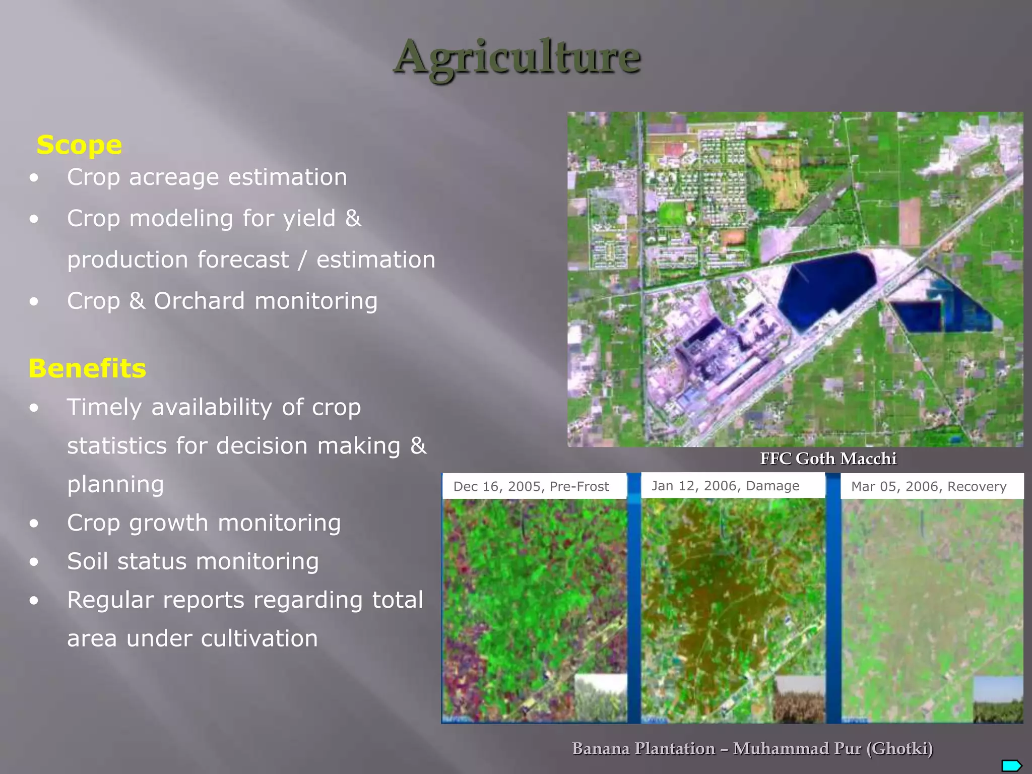 Agriculture
• Crop acreage estimation
• Crop modeling for yield &
production forecast / estimation
• Crop & Orchard monitoring
Scope
• Timely availability of crop
statistics for decision making &
planning
• Crop growth monitoring
• Soil status monitoring
• Regular reports regarding total
area under cultivation
Benefits
Banana Plantation – Muhammad Pur (Ghotki)
FFC Goth Macchi
Mar 05, 2006, RecoveryJan 12, 2006, DamageDec 16, 2005, Pre-Frost
 