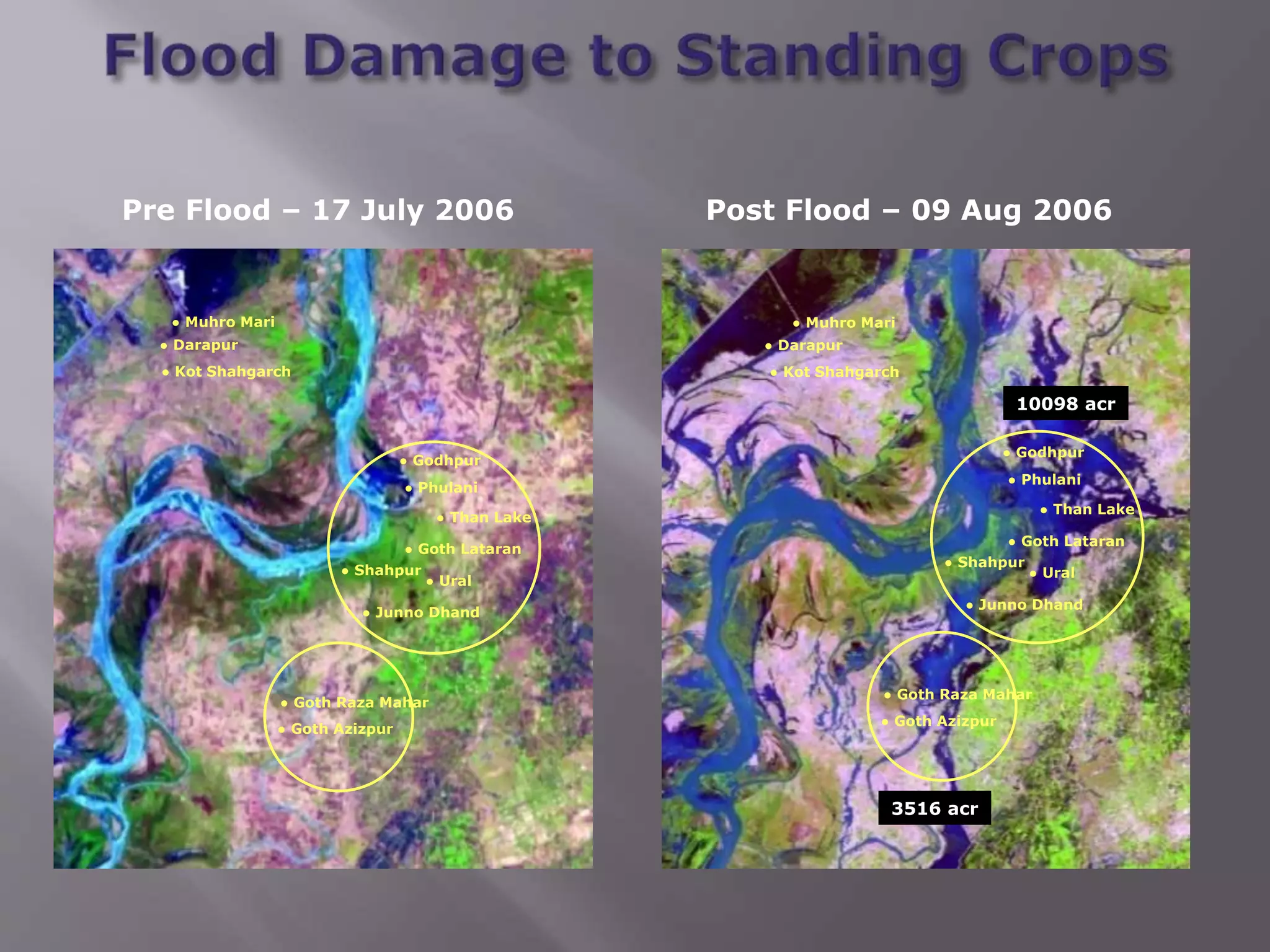 Pre Flood – 17 July 2006 Post Flood – 09 Aug 2006
10098 acr
3516 acr
● Phulani
● Goth Lataran
● Ural
● Junno Dhand
● Shahpur
● Godhpur
● Than Lake
● Goth Azizpur
● Goth Raza Mahar
● Phulani
● Goth Lataran
● Ural
● Junno Dhand
● Shahpur
● Godhpur
● Than Lake
● Goth Azizpur
● Goth Raza Mahar
● Muhro Mari
● Darapur
● Kot Shahgarch
● Muhro Mari
● Darapur
● Kot Shahgarch
 