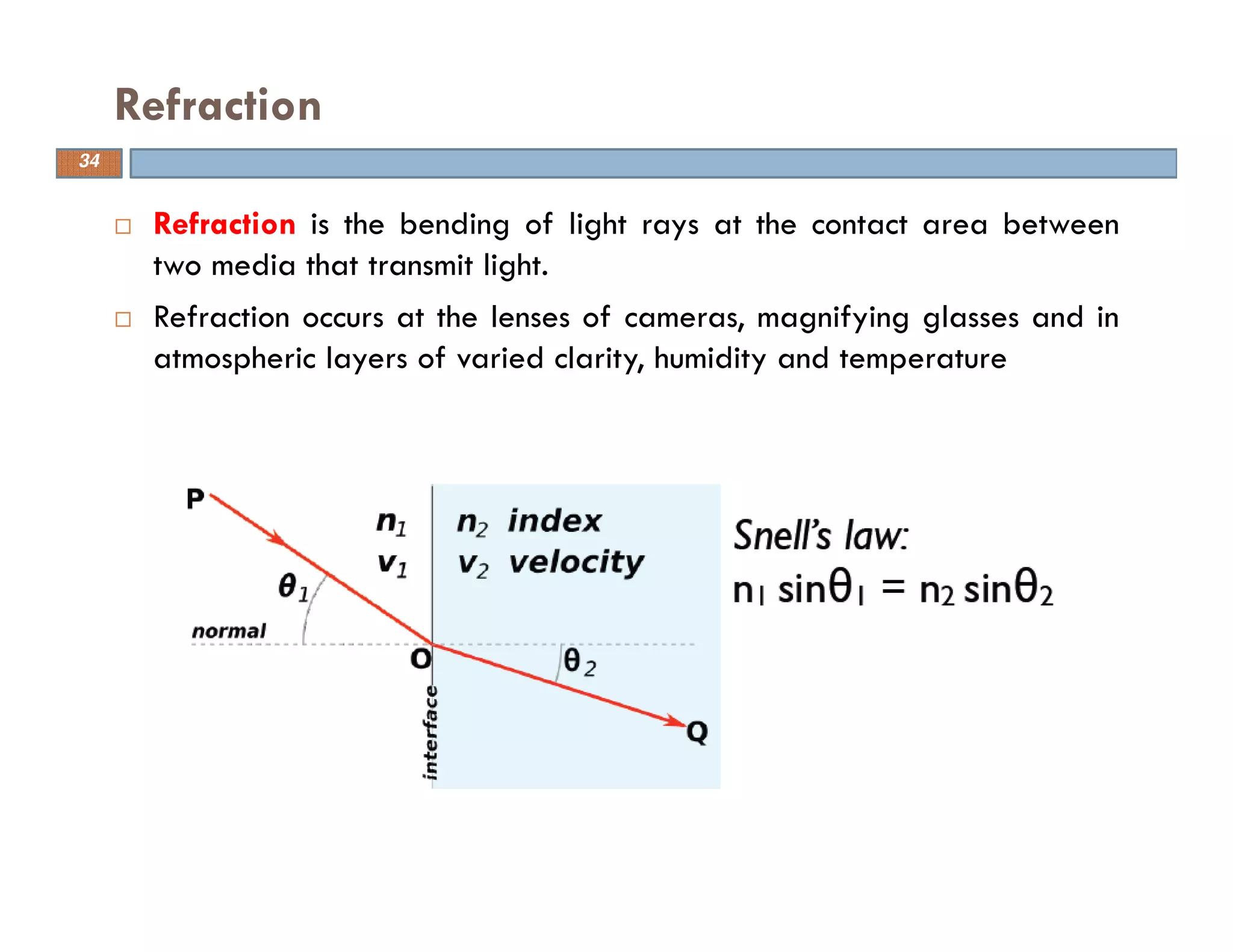 Refraction is the bending of light rays at the contact area between
two media that transmit light.
Refraction occurs at the lenses of cameras, magnifying glasses and in
atmospheric layers of varied clarity, humidity and temperature
Refraction
34
 