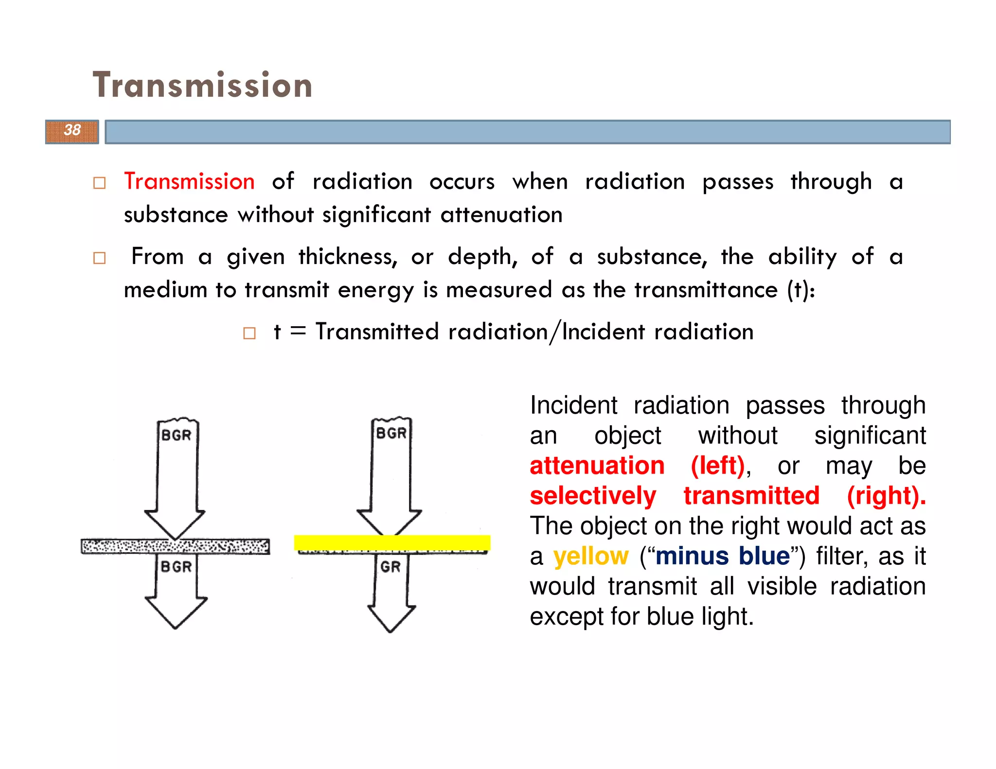 Transmission of radiation occurs when radiation passes through a
substance without significant attenuation
From a given thickness, or depth, of a substance, the ability of a
medium to transmit energy is measured as the transmittance (t):
t = Transmitted radiation/Incident radiation
Transmission
38
Incident radiation passes through
an object without significant
attenuation (left), or may be
selectively transmitted (right).
The object on the right would act as
a yellow (“minus blue”) filter, as it
would transmit all visible radiation
except for blue light.
 