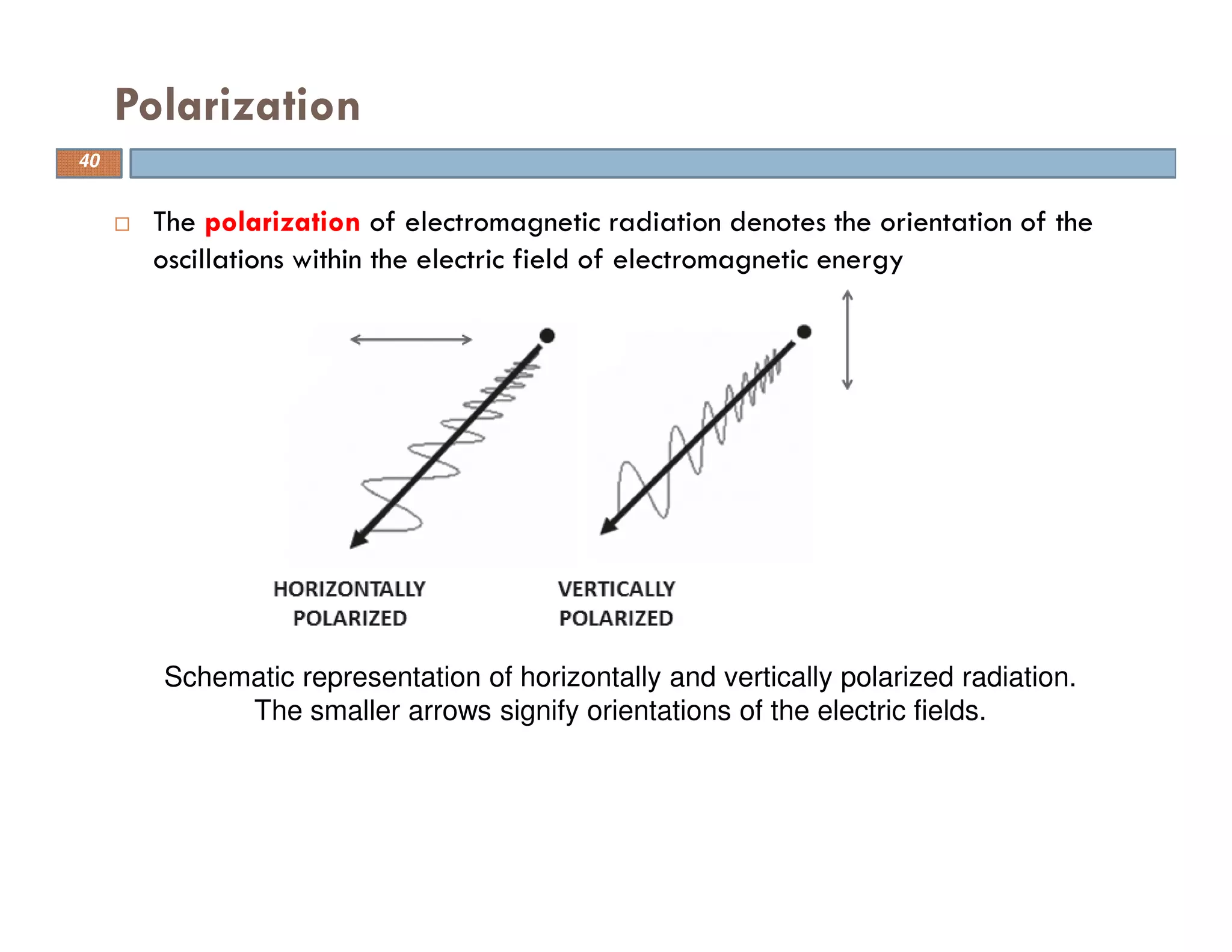 The polarization of electromagnetic radiation denotes the orientation of the
oscillations within the electric field of electromagnetic energy
Polarization
Schematic representation of horizontally and vertically polarized radiation.
The smaller arrows signify orientations of the electric fields.
40
 