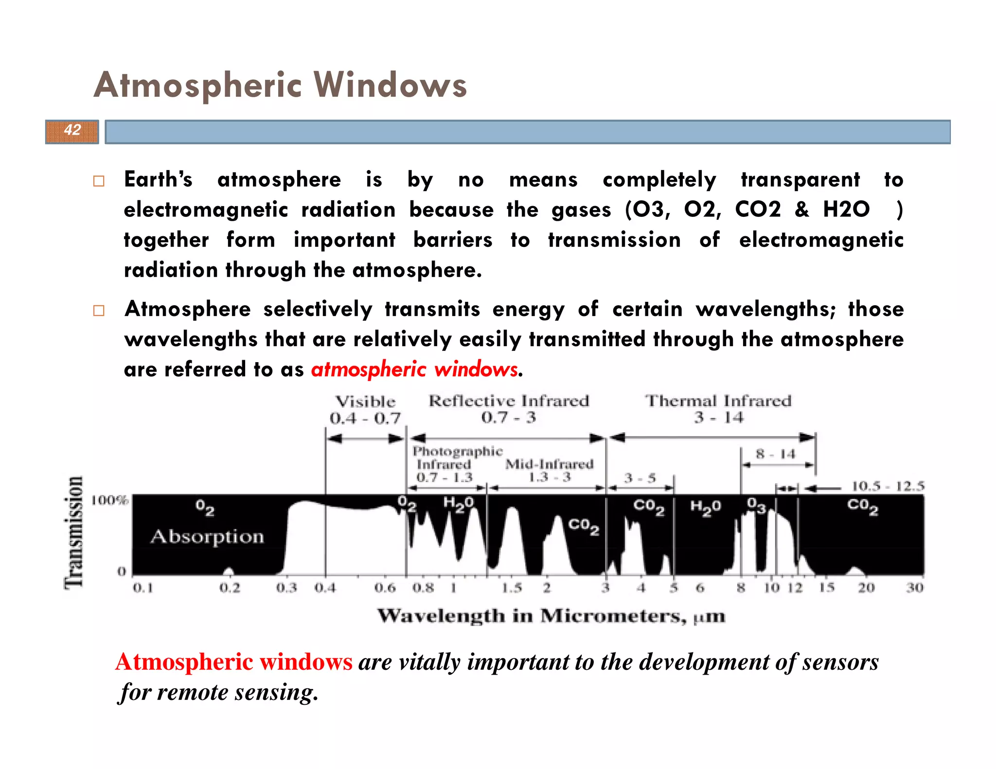 Earth’s atmosphere is by no means completely transparent to
electromagnetic radiation because the gases (O3, O2, CO2 & H2O )
together form important barriers to transmission of electromagnetic
radiation through the atmosphere.
Atmosphere selectively transmits energy of certain wavelengths; those
wavelengths that are relatively easily transmitted through the atmosphere
are referred to as atmospheric windows.
Atmospheric Windows
Atmospheric windows are vitally important to the development of sensors
for remote sensing.
42
 