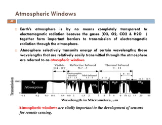 Earth’s atmosphere is by no means completely transparent to
electromagnetic radiation because the gases (O3, O2, CO2 & H2O )
together form important barriers to transmission of electromagnetic
radiation through the atmosphere.
Atmosphere selectively transmits energy of certain wavelengths; those
wavelengths that are relatively easily transmitted through the atmosphere
are referred to as atmospheric windows.
Atmospheric Windows
Atmospheric windows are vitally important to the development of sensors
for remote sensing.
42
 