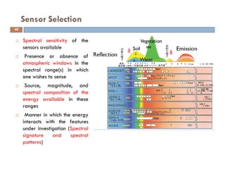 Spectral sensitivity of the
sensors available
Presence or absence of
atmospheric windows in the
spectral range(s) in which
one wishes to sense
Source, magnitude, and
spectral composition of the
energy available in these
ranges
Manner in which the energy
interacts with the features
under investigation (Spectral
signature and spectral
patterns)
Sensor Selection
49
 