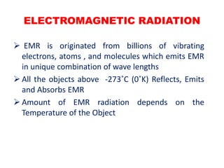 ELECTROMAGNETIC RADIATION
 EMR is originated from billions of vibrating
electrons, atoms , and molecules which emits EMR
in unique combination of wave lengths
 All the objects above -273˚C (0˚K) Reflects, Emits
and Absorbs EMR
 Amount of EMR radiation depends on the
Temperature of the Object
 