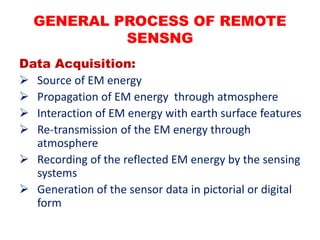 Data Acquisition:
 Source of EM energy
 Propagation of EM energy through atmosphere
 Interaction of EM energy with earth surface features
 Re-transmission of the EM energy through
atmosphere
 Recording of the reflected EM energy by the sensing
systems
 Generation of the sensor data in pictorial or digital
form
GENERAL PROCESS OF REMOTE
SENSNG
 