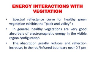 • Spectral reflectance curve for healthy green
vegetation exhibits the "peak-and-valley" c
• In general, healthy vegetations are very good
absorbers of electromagnetic energy in the visible
region configuration
• The absorption greatly reduces and reflection
increases in the red/infrared boundary near 0.7 μm
ENERGY INTERACTIONS WITH
VEGITATION
 