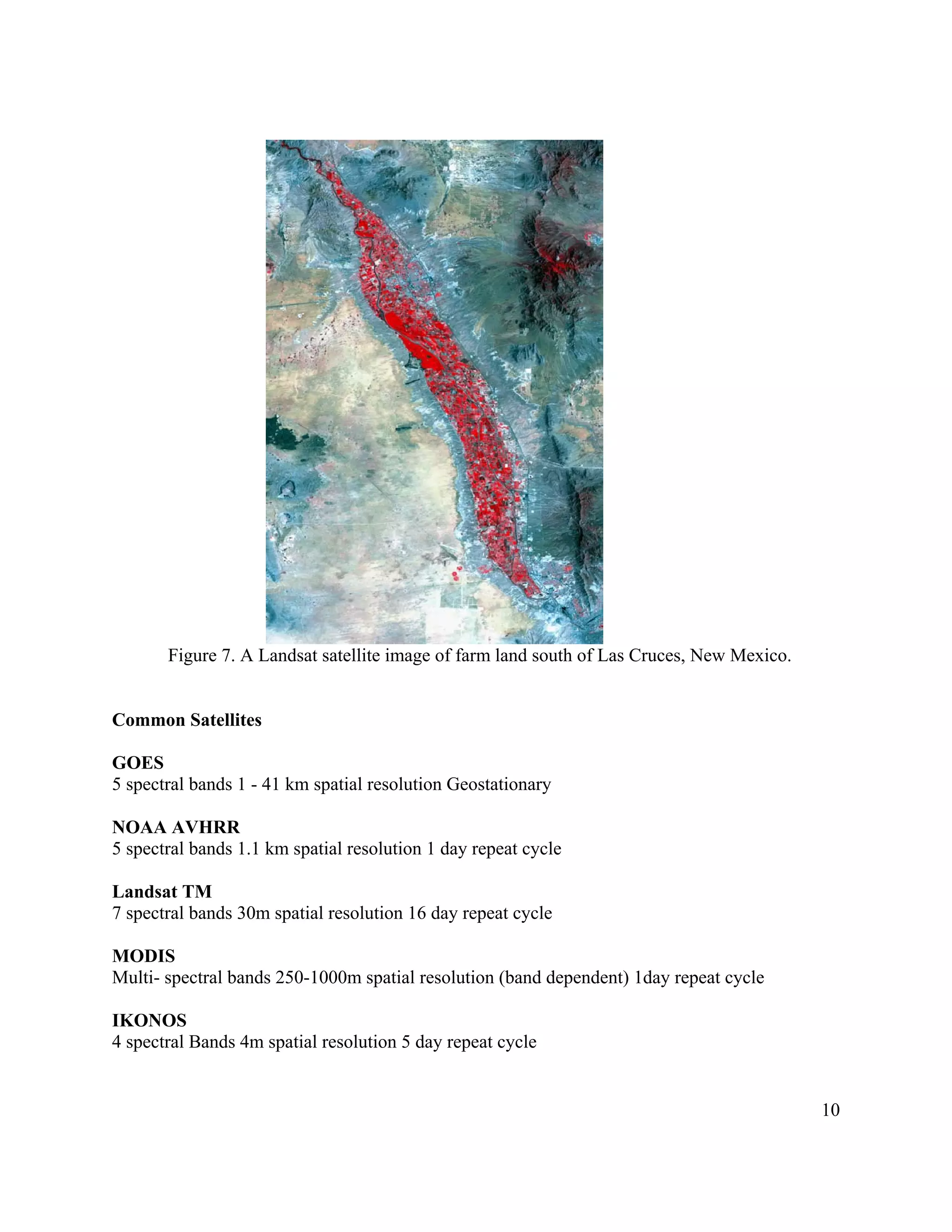 10
Figure 7. A Landsat satellite image of farm land south of Las Cruces, New Mexico.
Common Satellites
GOES
5 spectral bands 1 - 41 km spatial resolution Geostationary
NOAA AVHRR
5 spectral bands 1.1 km spatial resolution 1 day repeat cycle
Landsat TM
7 spectral bands 30m spatial resolution 16 day repeat cycle
MODIS
Multi- spectral bands 250-1000m spatial resolution (band dependent) 1day repeat cycle
IKONOS
4 spectral Bands 4m spatial resolution 5 day repeat cycle
 