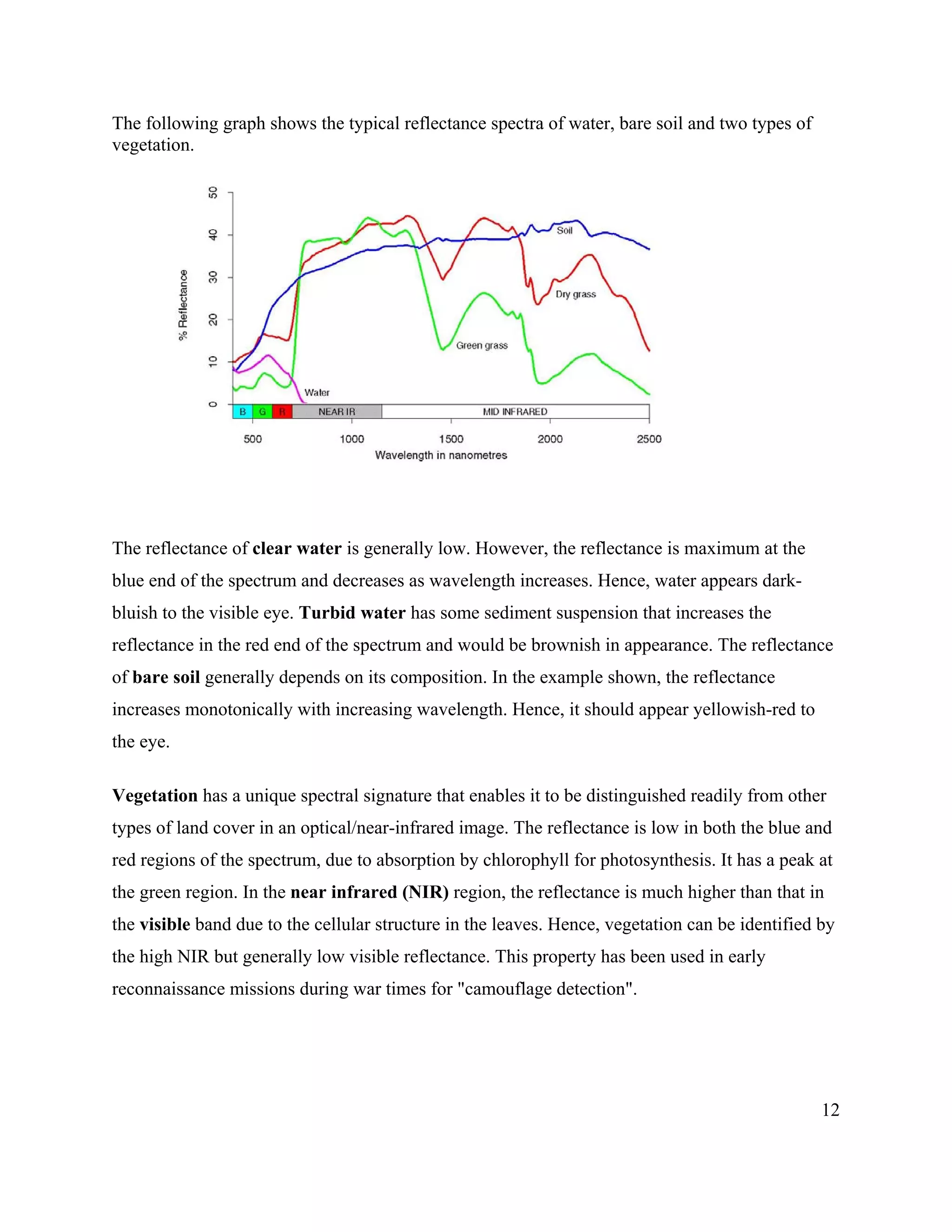 12
The following graph shows the typical reflectance spectra of water, bare soil and two types of
vegetation.
The reflectance of clear water is generally low. However, the reflectance is maximum at the
blue end of the spectrum and decreases as wavelength increases. Hence, water appears dark-
bluish to the visible eye. Turbid water has some sediment suspension that increases the
reflectance in the red end of the spectrum and would be brownish in appearance. The reflectance
of bare soil generally depends on its composition. In the example shown, the reflectance
increases monotonically with increasing wavelength. Hence, it should appear yellowish-red to
the eye.
Vegetation has a unique spectral signature that enables it to be distinguished readily from other
types of land cover in an optical/near-infrared image. The reflectance is low in both the blue and
red regions of the spectrum, due to absorption by chlorophyll for photosynthesis. It has a peak at
the green region. In the near infrared (NIR) region, the reflectance is much higher than that in
the visible band due to the cellular structure in the leaves. Hence, vegetation can be identified by
the high NIR but generally low visible reflectance. This property has been used in early
reconnaissance missions during war times for "camouflage detection".
 