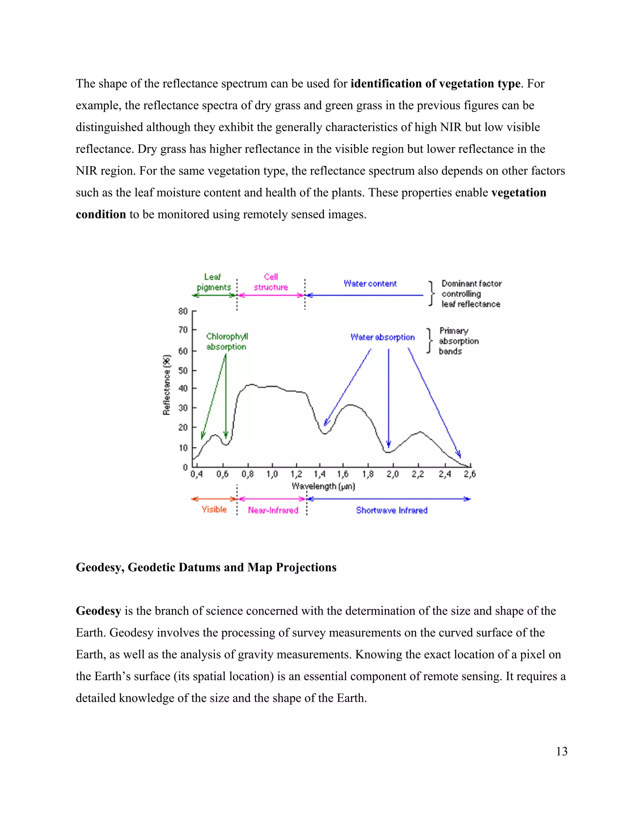 13
The shape of the reflectance spectrum can be used for identification of vegetation type. For
example, the reflectance spectra of dry grass and green grass in the previous figures can be
distinguished although they exhibit the generally characteristics of high NIR but low visible
reflectance. Dry grass has higher reflectance in the visible region but lower reflectance in the
NIR region. For the same vegetation type, the reflectance spectrum also depends on other factors
such as the leaf moisture content and health of the plants. These properties enable vegetation
condition to be monitored using remotely sensed images.
Geodesy, Geodetic Datums and Map Projections
Geodesy is the branch of science concerned with the determination of the size and shape of the
Earth. Geodesy involves the processing of survey measurements on the curved surface of the
Earth, as well as the analysis of gravity measurements. Knowing the exact location of a pixel on
the Earth’s surface (its spatial location) is an essential component of remote sensing. It requires a
detailed knowledge of the size and the shape of the Earth.
 