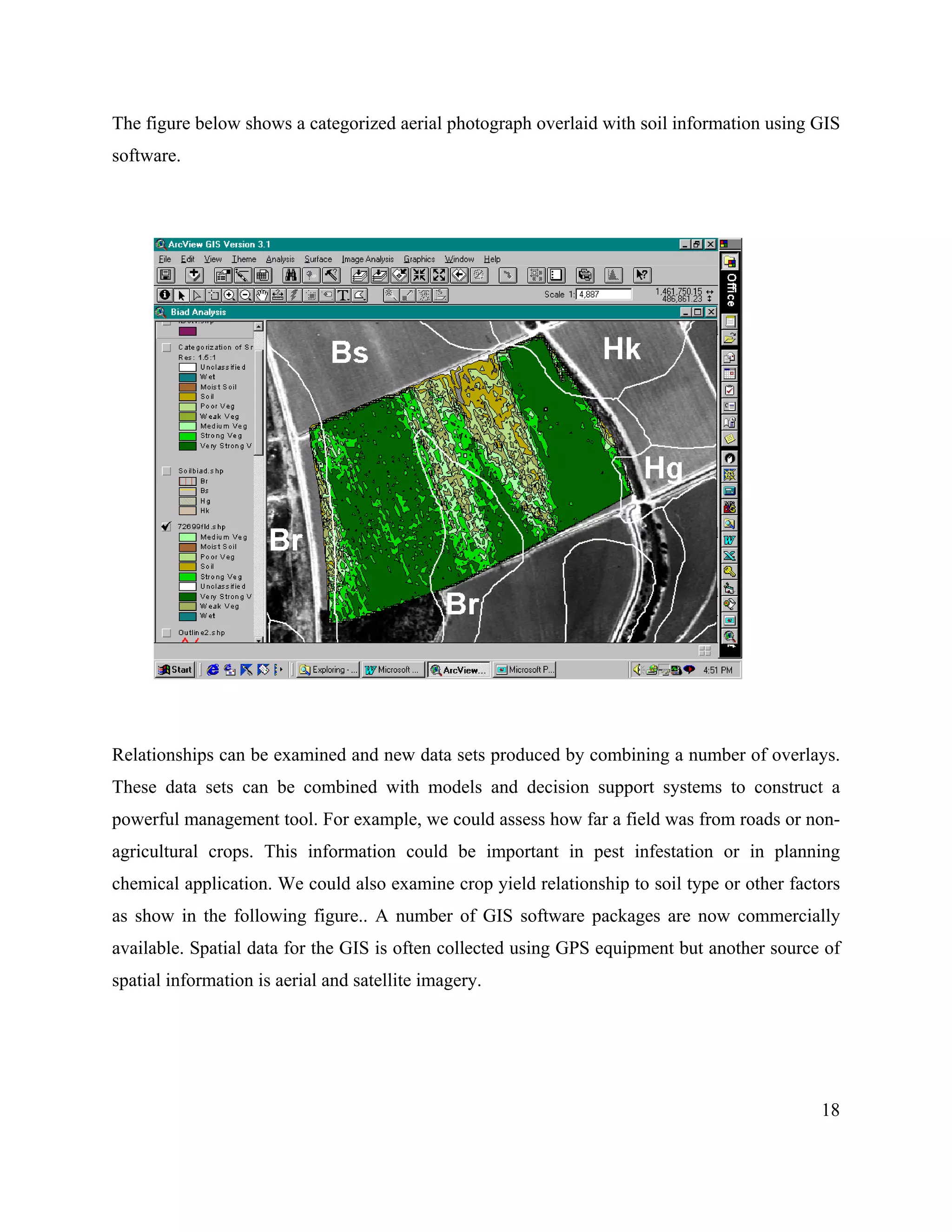 18
The figure below shows a categorized aerial photograph overlaid with soil information using GIS
software.
Relationships can be examined and new data sets produced by combining a number of overlays.
These data sets can be combined with models and decision support systems to construct a
powerful management tool. For example, we could assess how far a field was from roads or non-
agricultural crops. This information could be important in pest infestation or in planning
chemical application. We could also examine crop yield relationship to soil type or other factors
as show in the following figure.. A number of GIS software packages are now commercially
available. Spatial data for the GIS is often collected using GPS equipment but another source of
spatial information is aerial and satellite imagery.
 
