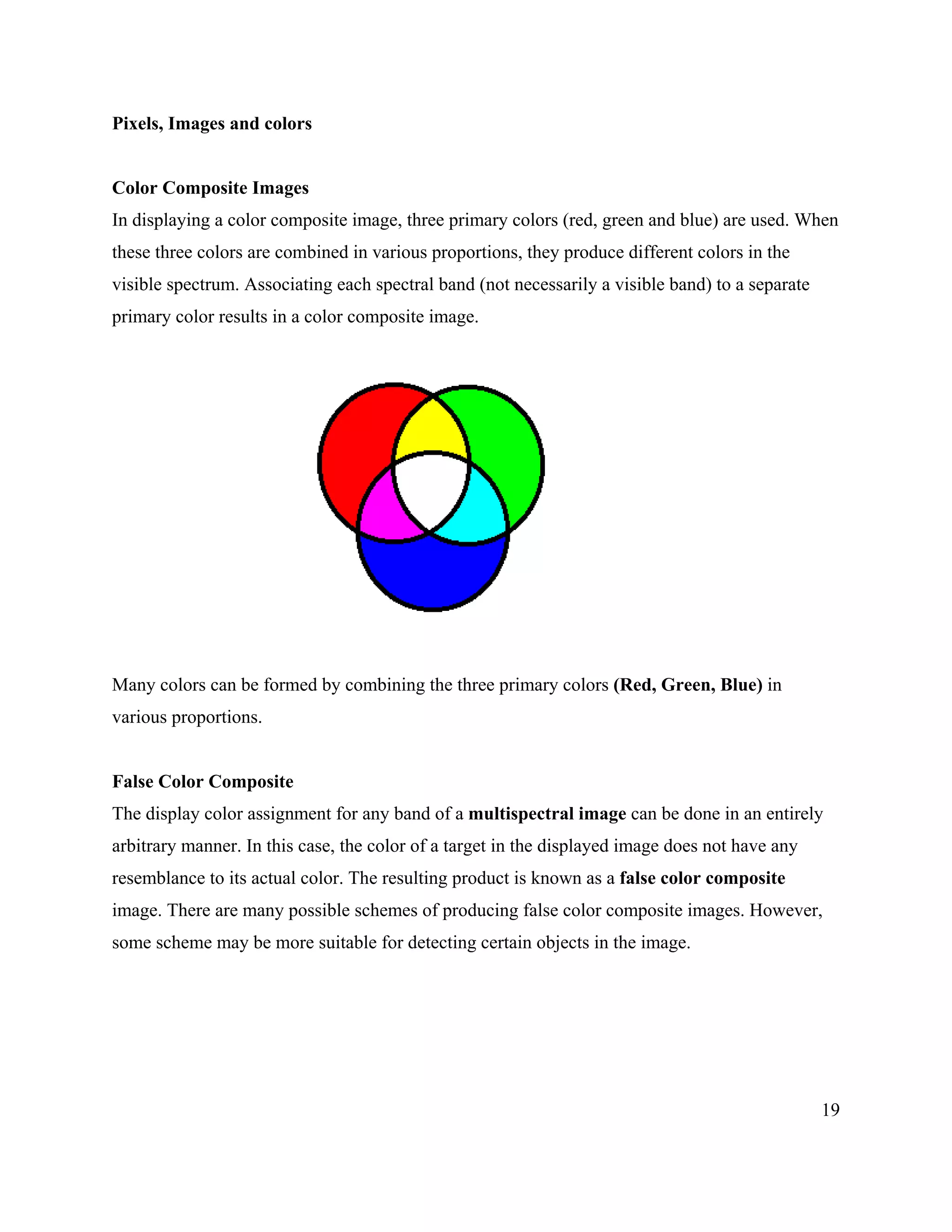19
Pixels, Images and colors
Color Composite Images
In displaying a color composite image, three primary colors (red, green and blue) are used. When
these three colors are combined in various proportions, they produce different colors in the
visible spectrum. Associating each spectral band (not necessarily a visible band) to a separate
primary color results in a color composite image.
Many colors can be formed by combining the three primary colors (Red, Green, Blue) in
various proportions.
False Color Composite
The display color assignment for any band of a multispectral image can be done in an entirely
arbitrary manner. In this case, the color of a target in the displayed image does not have any
resemblance to its actual color. The resulting product is known as a false color composite
image. There are many possible schemes of producing false color composite images. However,
some scheme may be more suitable for detecting certain objects in the image.
 