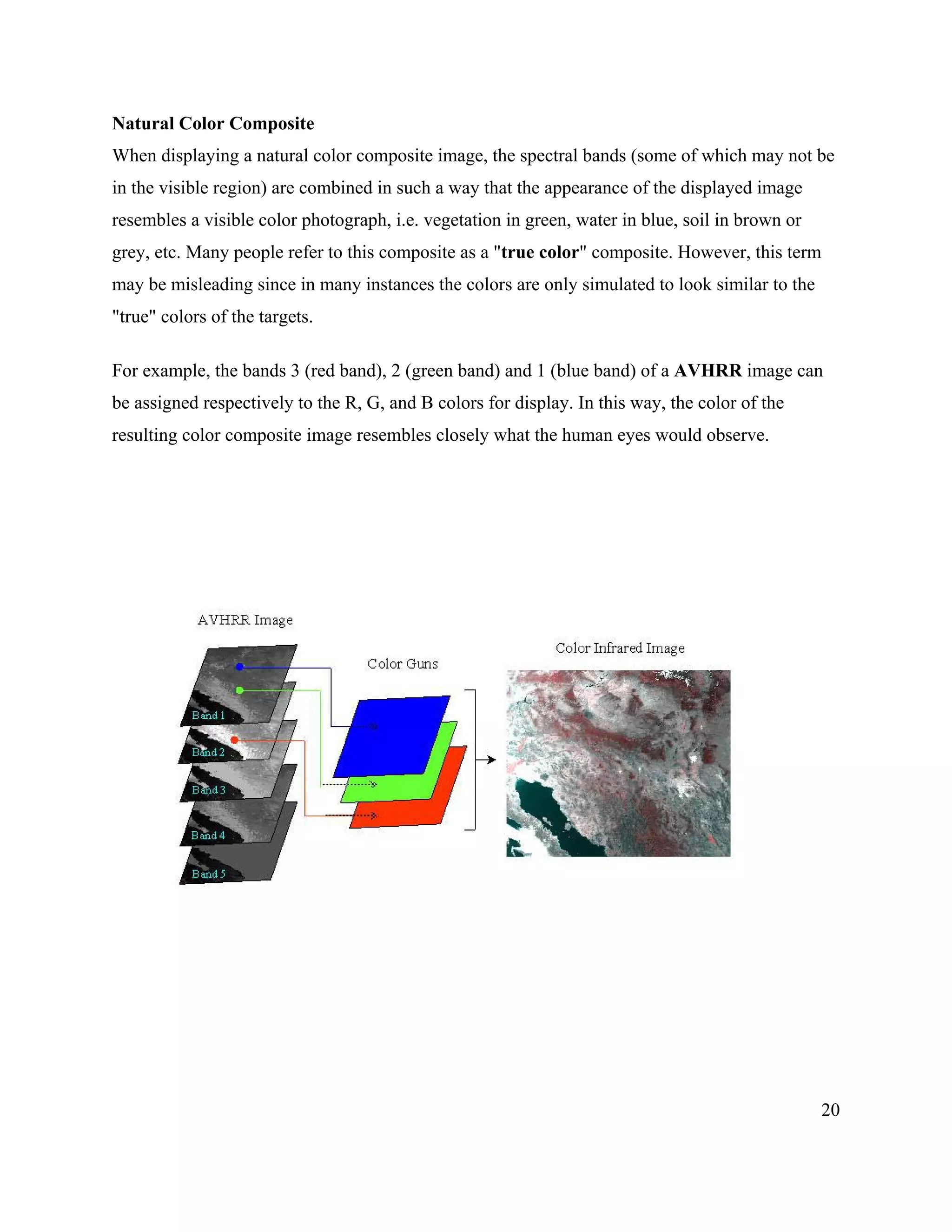 20
Natural Color Composite
When displaying a natural color composite image, the spectral bands (some of which may not be
in the visible region) are combined in such a way that the appearance of the displayed image
resembles a visible color photograph, i.e. vegetation in green, water in blue, soil in brown or
grey, etc. Many people refer to this composite as a "true color" composite. However, this term
may be misleading since in many instances the colors are only simulated to look similar to the
"true" colors of the targets.
For example, the bands 3 (red band), 2 (green band) and 1 (blue band) of a AVHRR image can
be assigned respectively to the R, G, and B colors for display. In this way, the color of the
resulting color composite image resembles closely what the human eyes would observe.
 