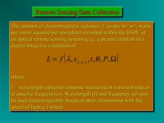 RRRReeeemmmmooootttteeee S SSSeeeennnnssssiiiinnnngggg D DDDaaaattttaaaa C CCCoooolllllllleeeeccccttttiiiioooonnnn 
TThhee aammoouunntt ooff eelleeccttrroommaaggnneettiicc rraaddiiaannccee,, LL ((wwaattttss mm--22 ssrr--11;; wwaattttss 
ppeerr mmeetteerr ssqquuaarreedd ppeerr sstteerraaddiiaann)) rreeccoorrddeedd wwiitthhiinn tthhee IIFFOOVV ooff 
aann ooppttiiccaall rreemmoottee sseennssiinngg ssyysstteemm ((ee..gg..,, aa ppiiccttuurree eelleemmeenntt iinn aa 
ddiiggiittaall iimmaaggee)) iiss aa ffuunnccttiioonn ooff:: 
The amount ooff eelleeccttrroommaaggnneettiicc rraaddiiaannccee,, LL ((wwaattttss mm--22 ssrr--11;; wwaattttss 
ppeerr mmeetteerr ssqquuaarreedd ppeerr sstteerraaddiiaann)) rreeccoorrddeedd wwiitthhiinn tthhee IIFFOOVV ooff 
aann ooppttiiccaall rreemmoottee sseennssiinngg ssyysstteemm ((ee..gg..,, aa ppiiccttuurree eelleemmeenntt iinn aa 
ddiiggiittaall iimmaaggee)) iiss aa ffuunnccttiioonn ooff:: 
= ( , , , , ,W) , , L f s t P x y z l q 
wwhheerree,, 
ll == wwaavveelleennggtthh ((ssppeeccttrraall rreessppoonnssee mmeeaassuurreedd iinn vvaarriioouuss bbaannddss oorr 
aatt ssppeecciiffiicc ffrreeqquueenncciieess)).. WWaavveelleennggtthh ((ll)) aanndd ffrreeqquueennccyy ((uu)) mmaayy 
bbee uusseedd iinntteerrcchhaannggeeaabbllyy bbaasseedd oonn tthheeiirr rreellaattiioonnsshhiipp wwiitthh tthhee 
ssppeeeedd ooff lliigghhtt ((cc)) wwhheerree .. 
wwhheerree,, 
ll == wwaavveelleennggtthh ((ssppeeccttrraall rreessppoonnssee mmeeaassuurreedd iinn vvaarriioouuss bbaannddss oorr 
aatt ssppeecciiffiicc ffrreeqquueenncciieess)).. WWaavveelleennggtthh ((ll)) aanndd ffrreeqquueennccyy ((uu)) mmaayy 
bbee uusseedd iinntteerrcchhaannggeeaabbllyy bbaasseedd oonn tthheeiirr rreellaattiioonnsshhiipp wwiitthh tthhee 
ssppeeeedd ooff lliigghhtt ((cc)) wwhheerree .. 
 